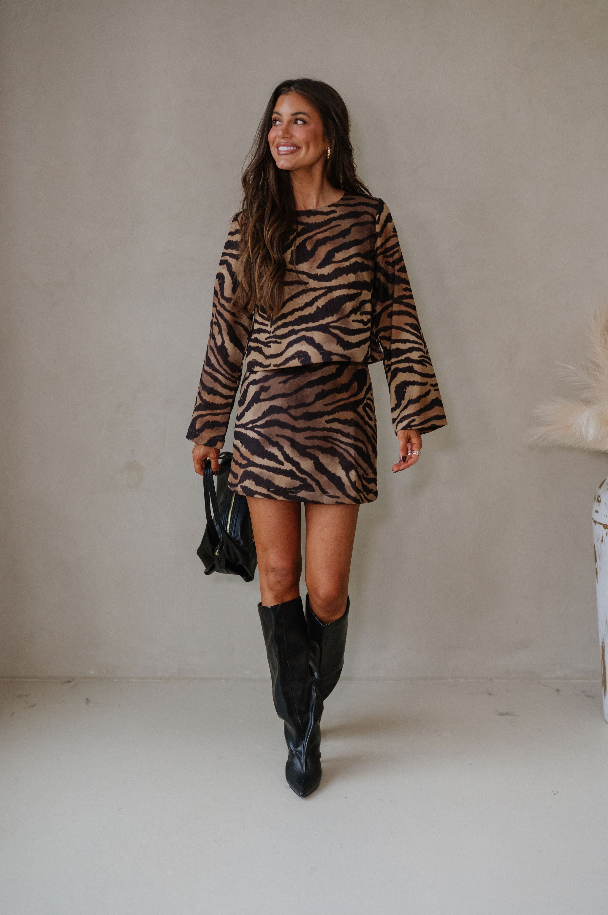 Zebra Suede Skirt Set-Black/Brown