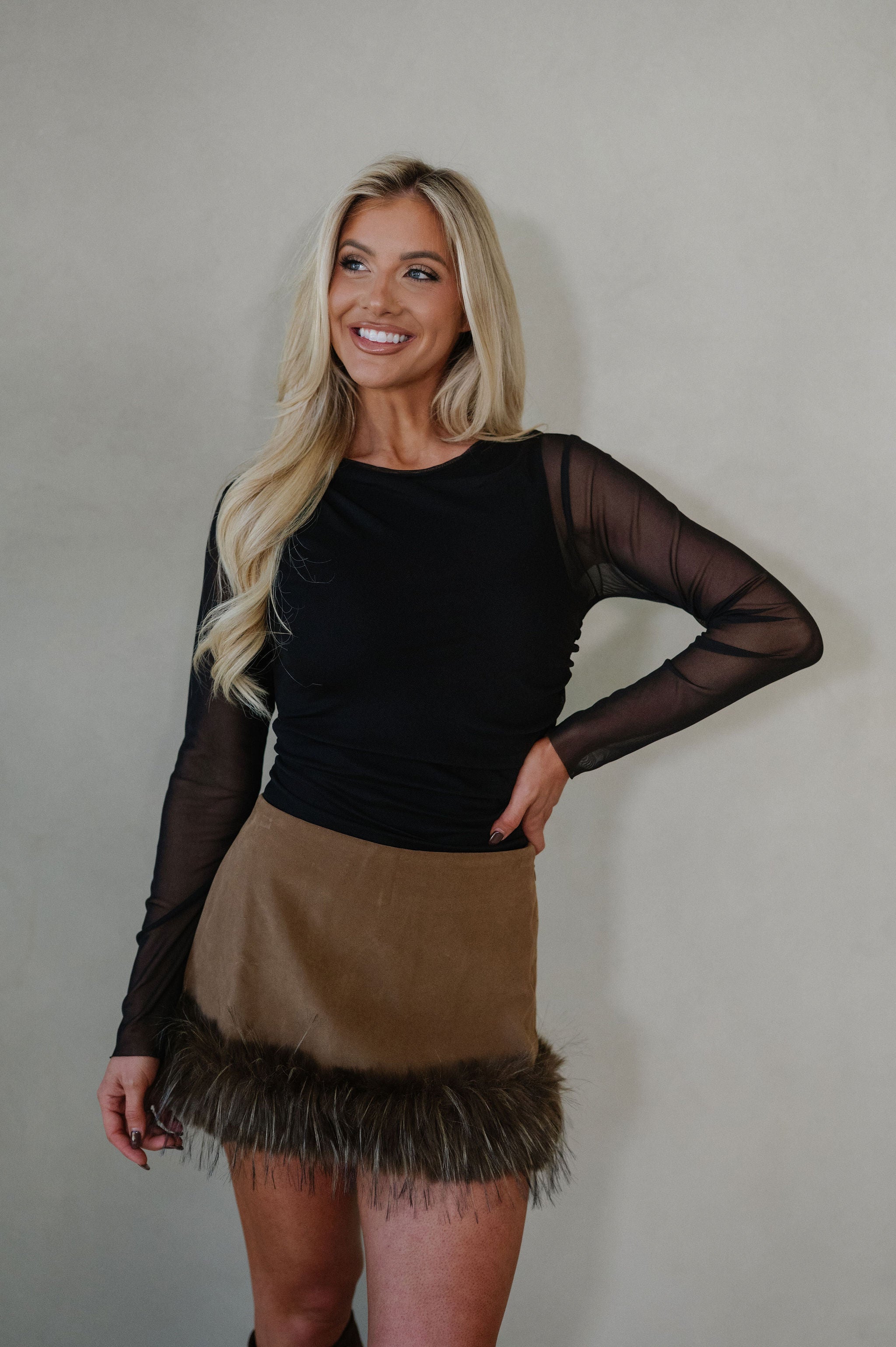 Faux Suede Fur Trim Mini Skirt-Java