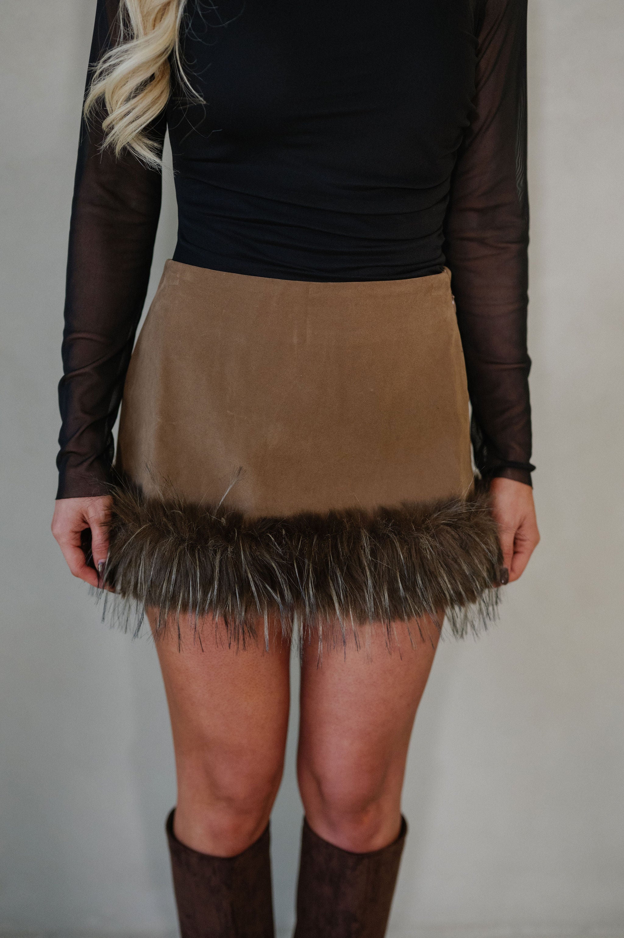 Faux Suede Fur Trim Mini Skirt-Java
