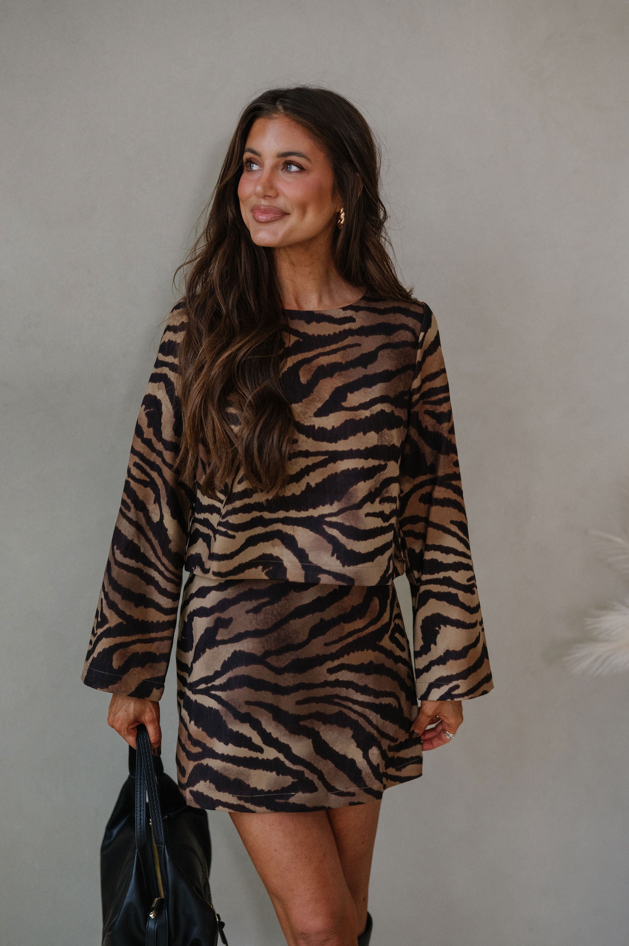 Zebra Suede Skirt Set-Black/Brown