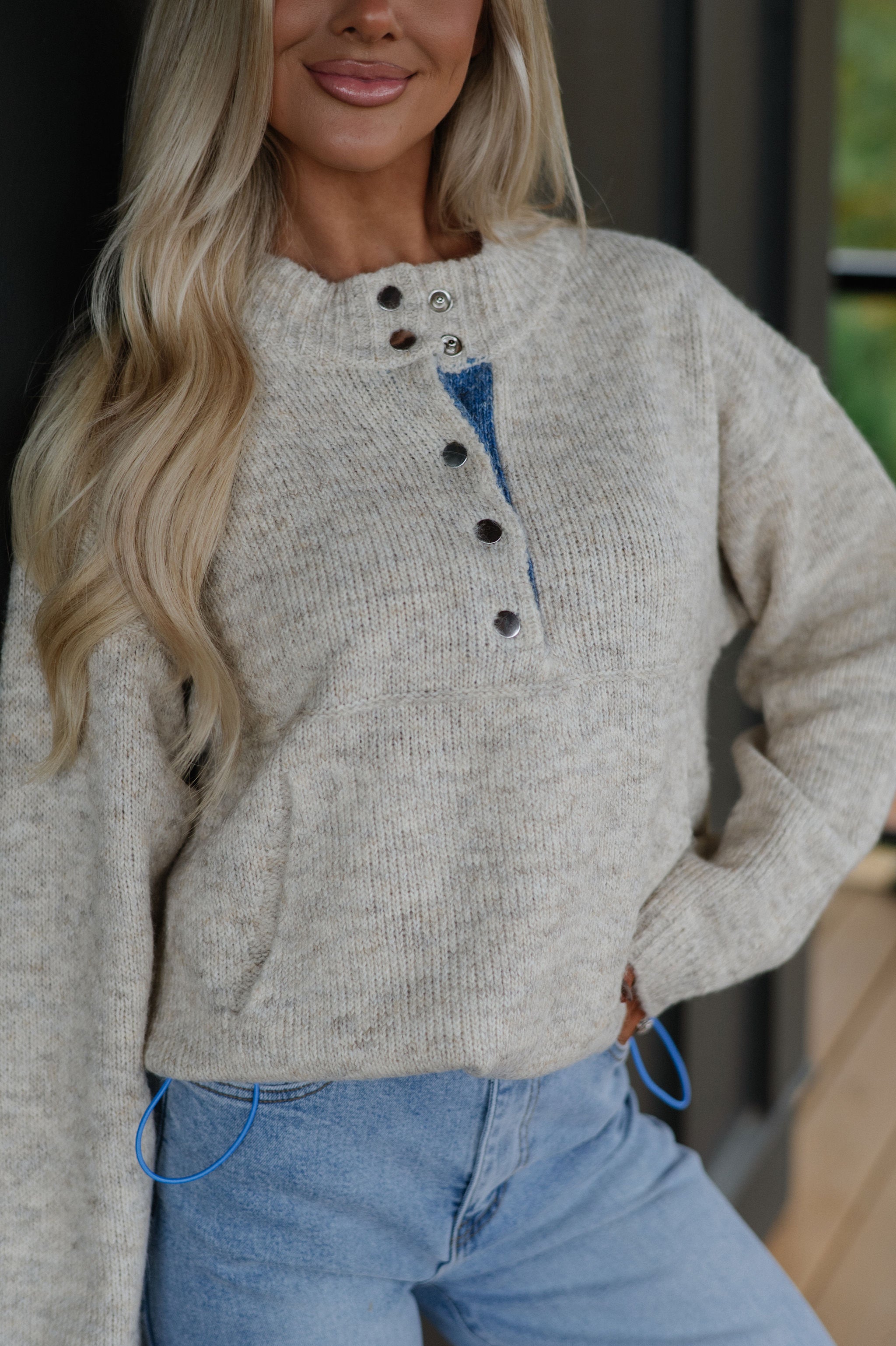 Two Tone Snap Collar Sweater-Oatmeal
