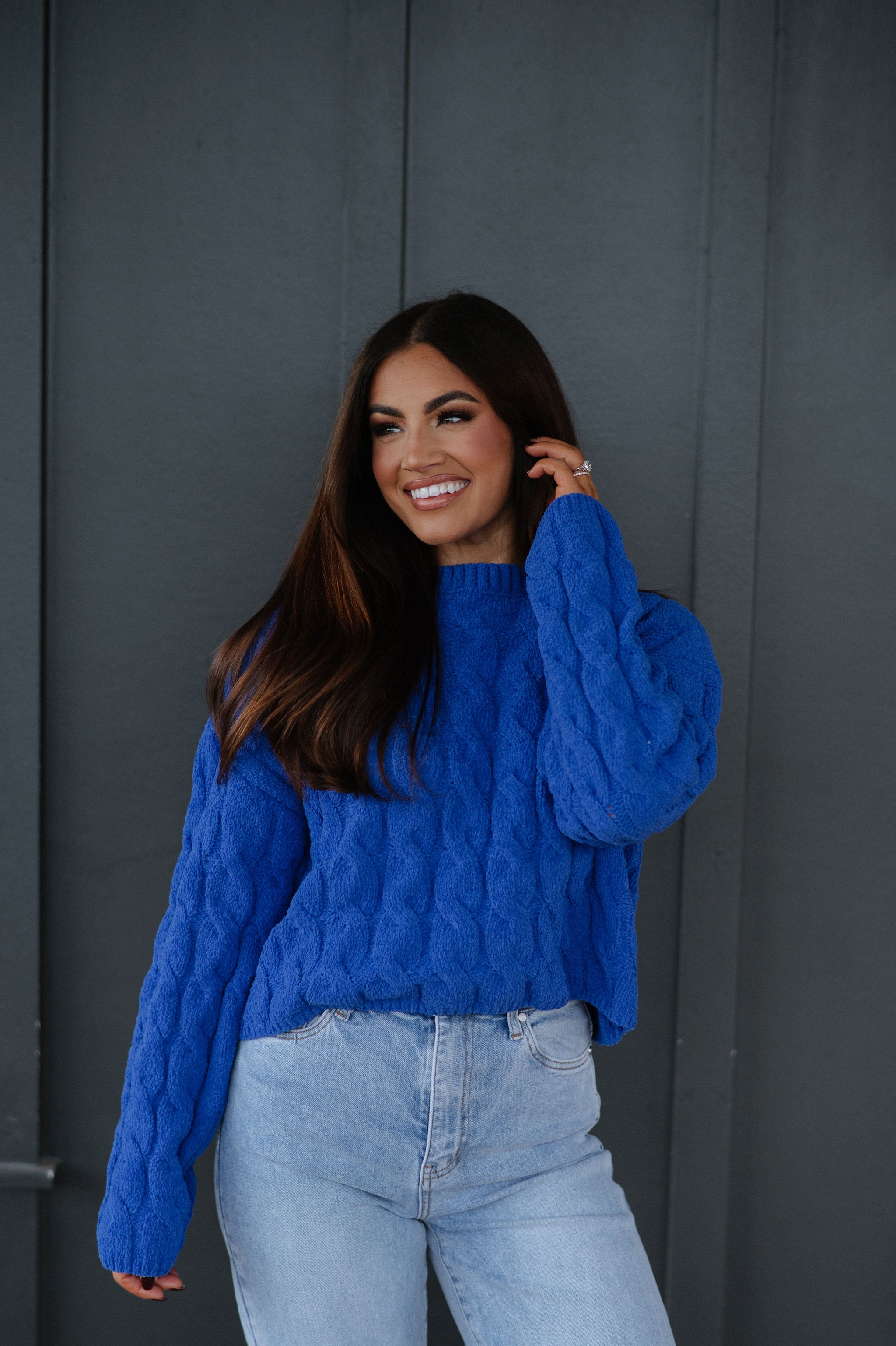 Crew Neck Cable Knit Sweater-Cobalt