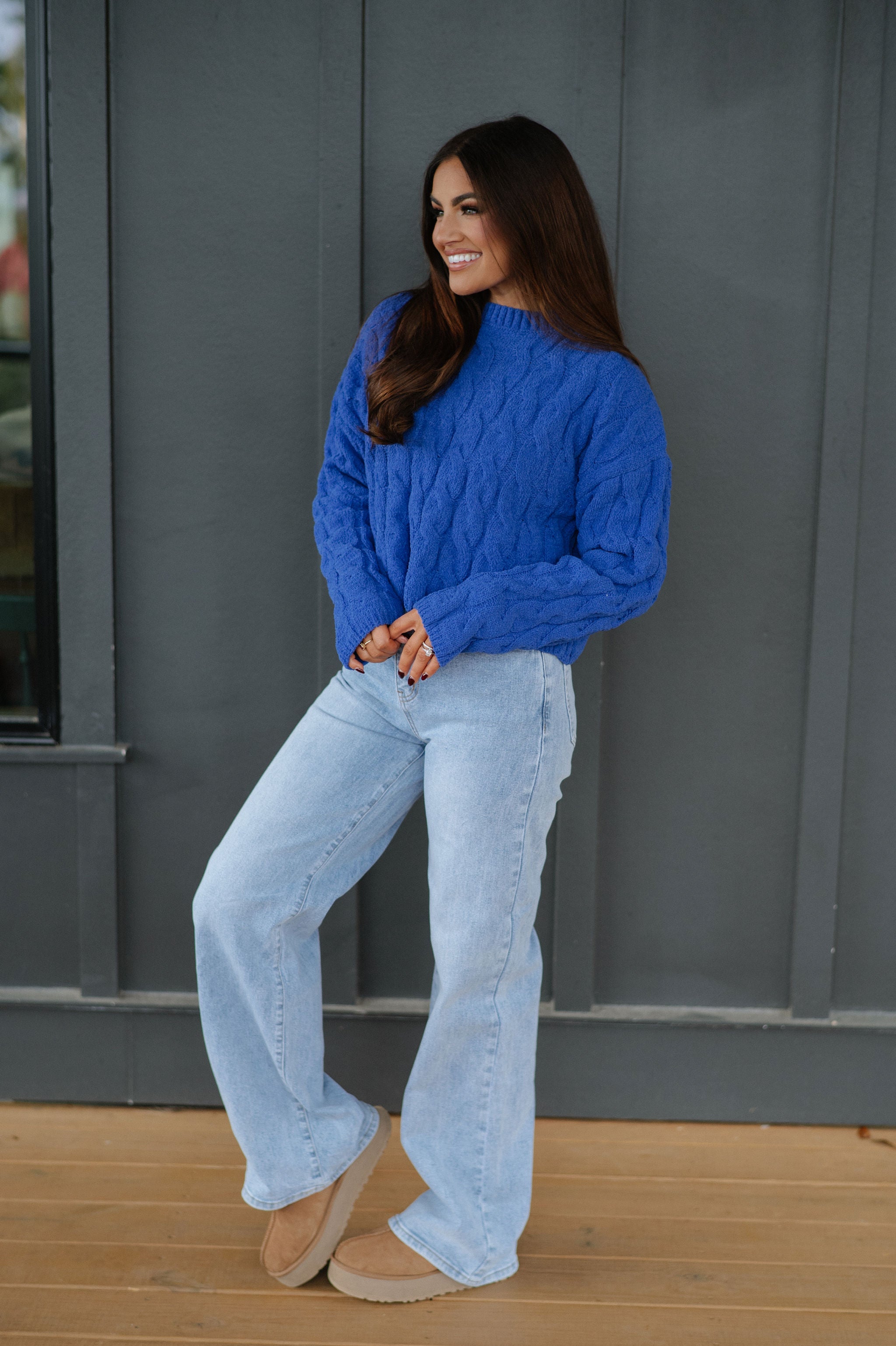 Crew Neck Cable Knit Sweater-Cobalt