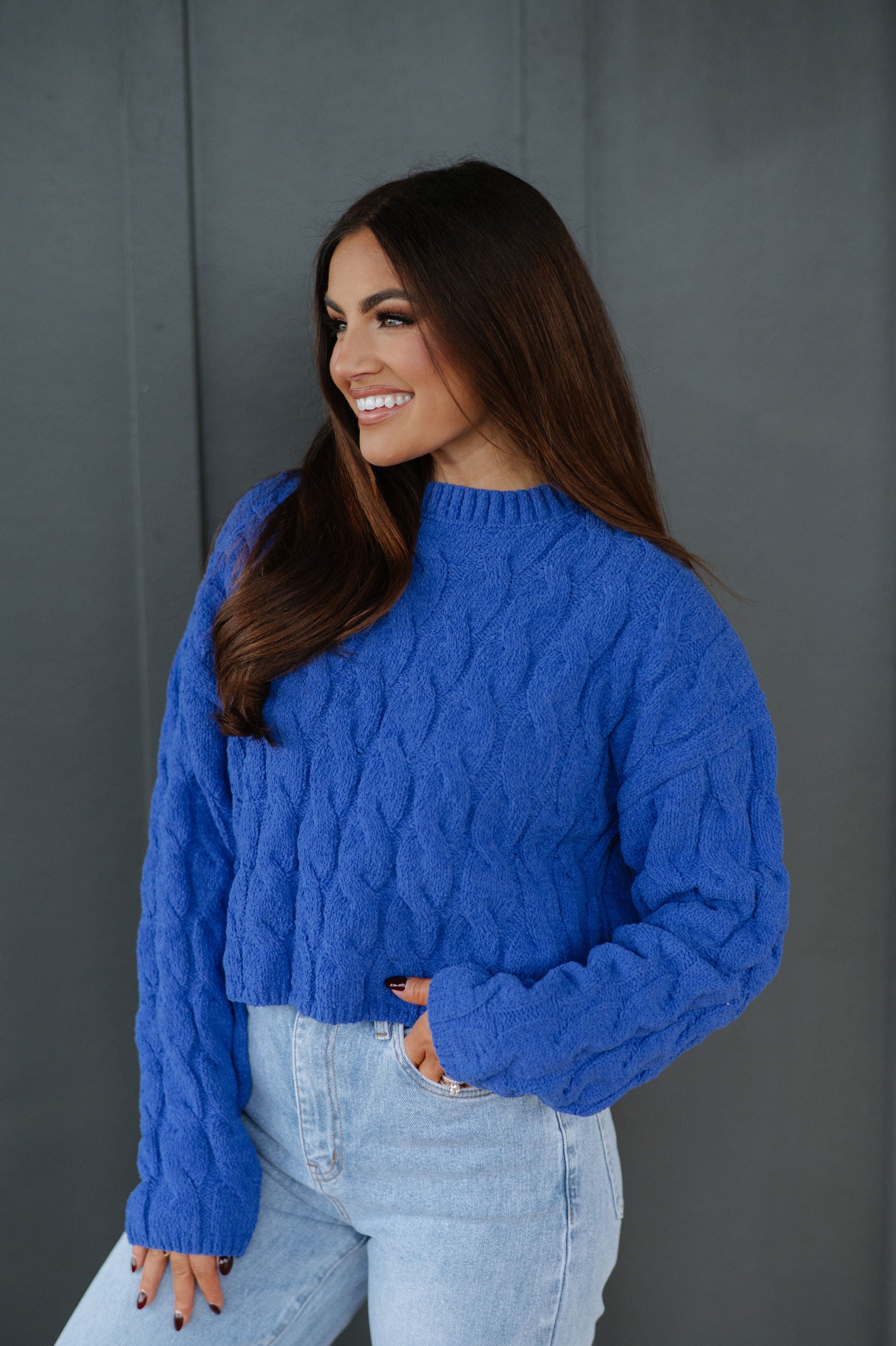 Crew Neck Cable Knit Sweater-Cobalt