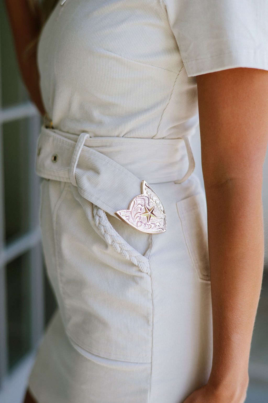 Short Sleeve Chunky Belt Dress-Cream