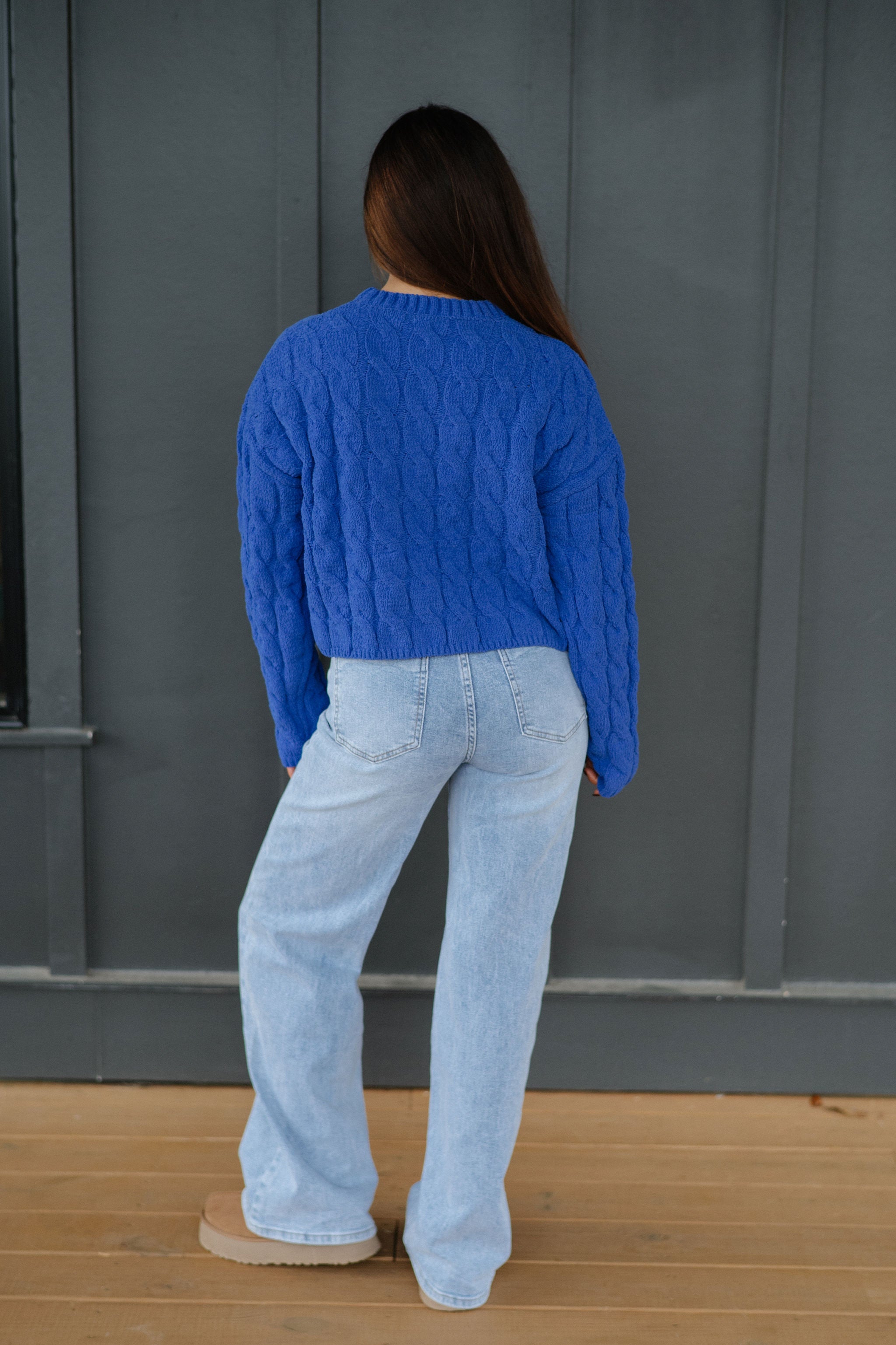 Crew Neck Cable Knit Sweater-Cobalt