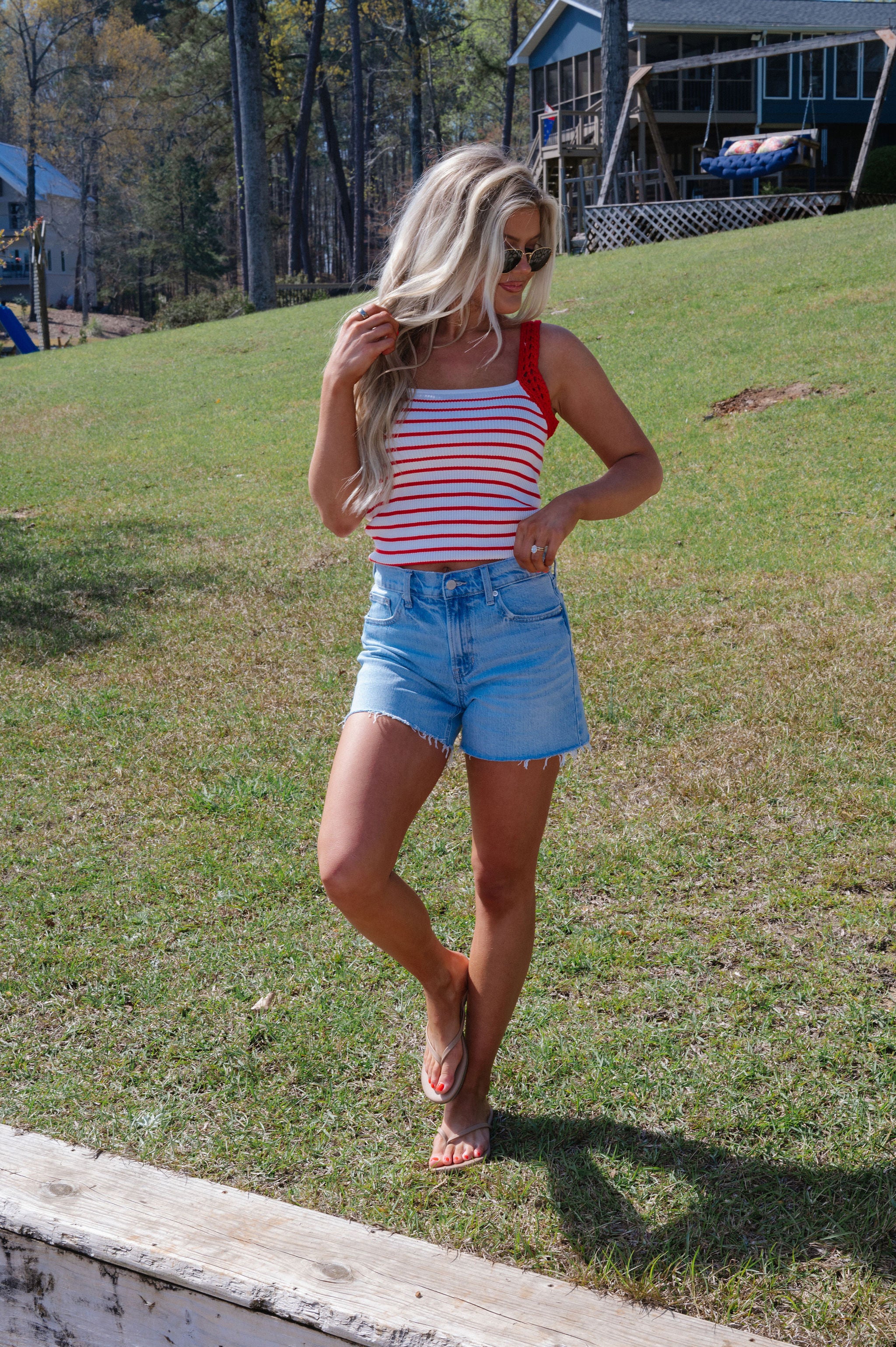 Tess Crochet Detail Knit Top-Red/Off White