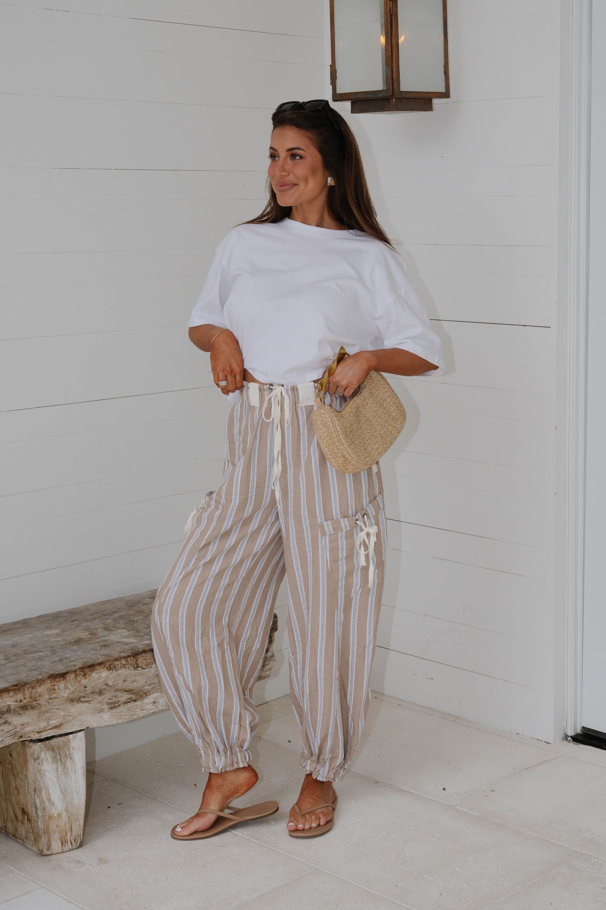 Marlow Striped Jogger Pants-Almond Latte
