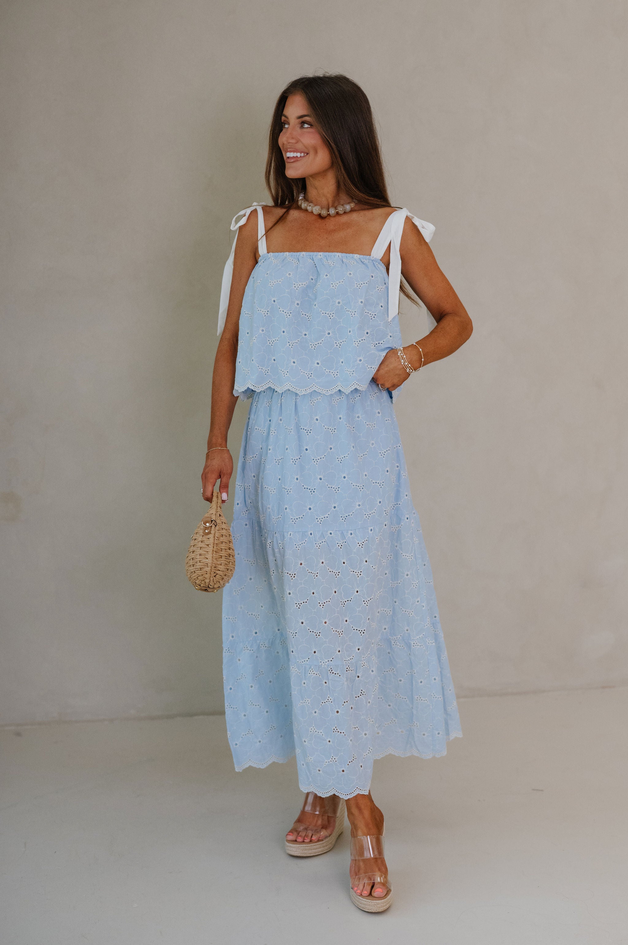 Olivia Eyelet Tiered Skirt Set-Blue