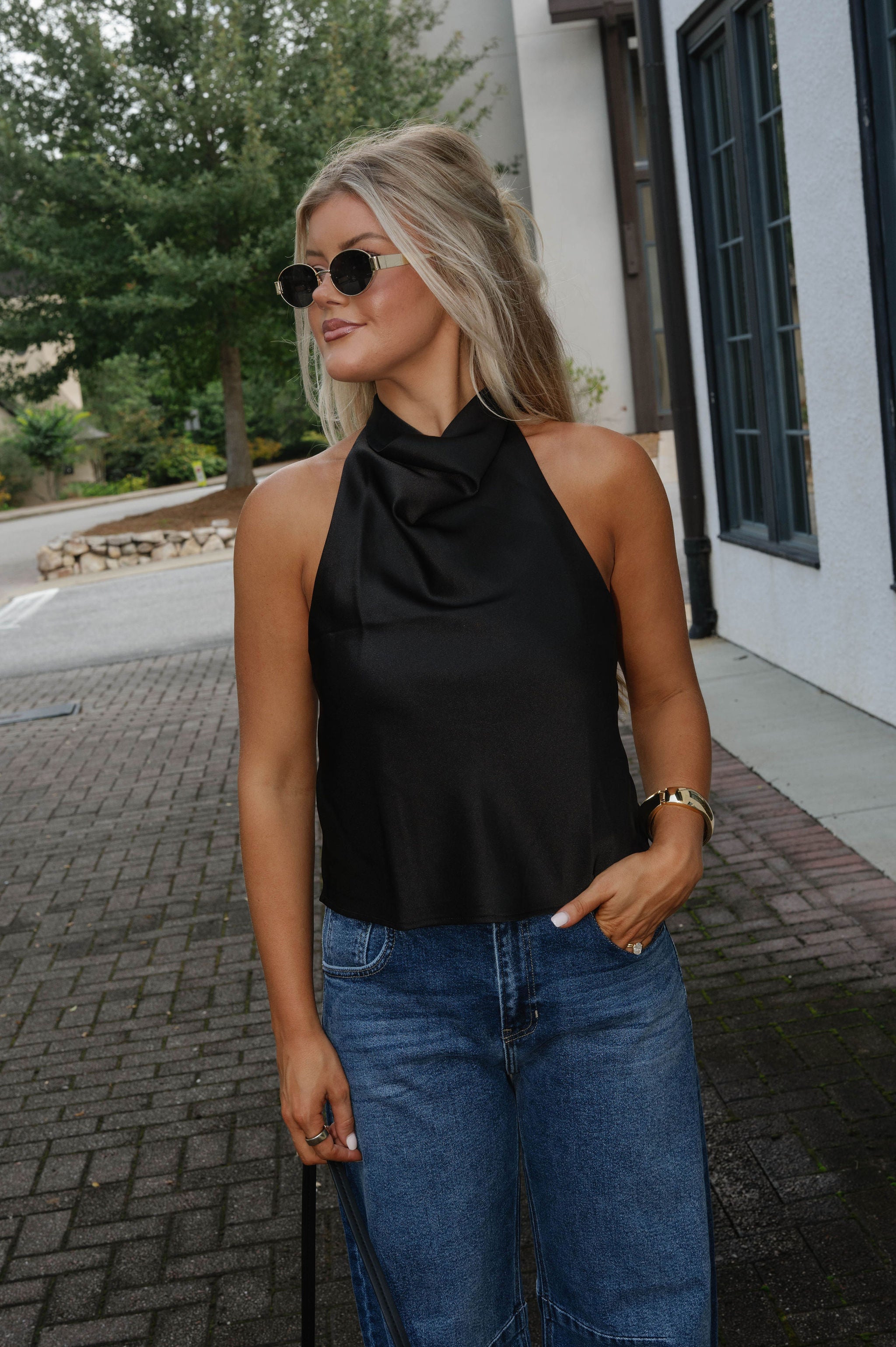 Maggie Satin Top-Black