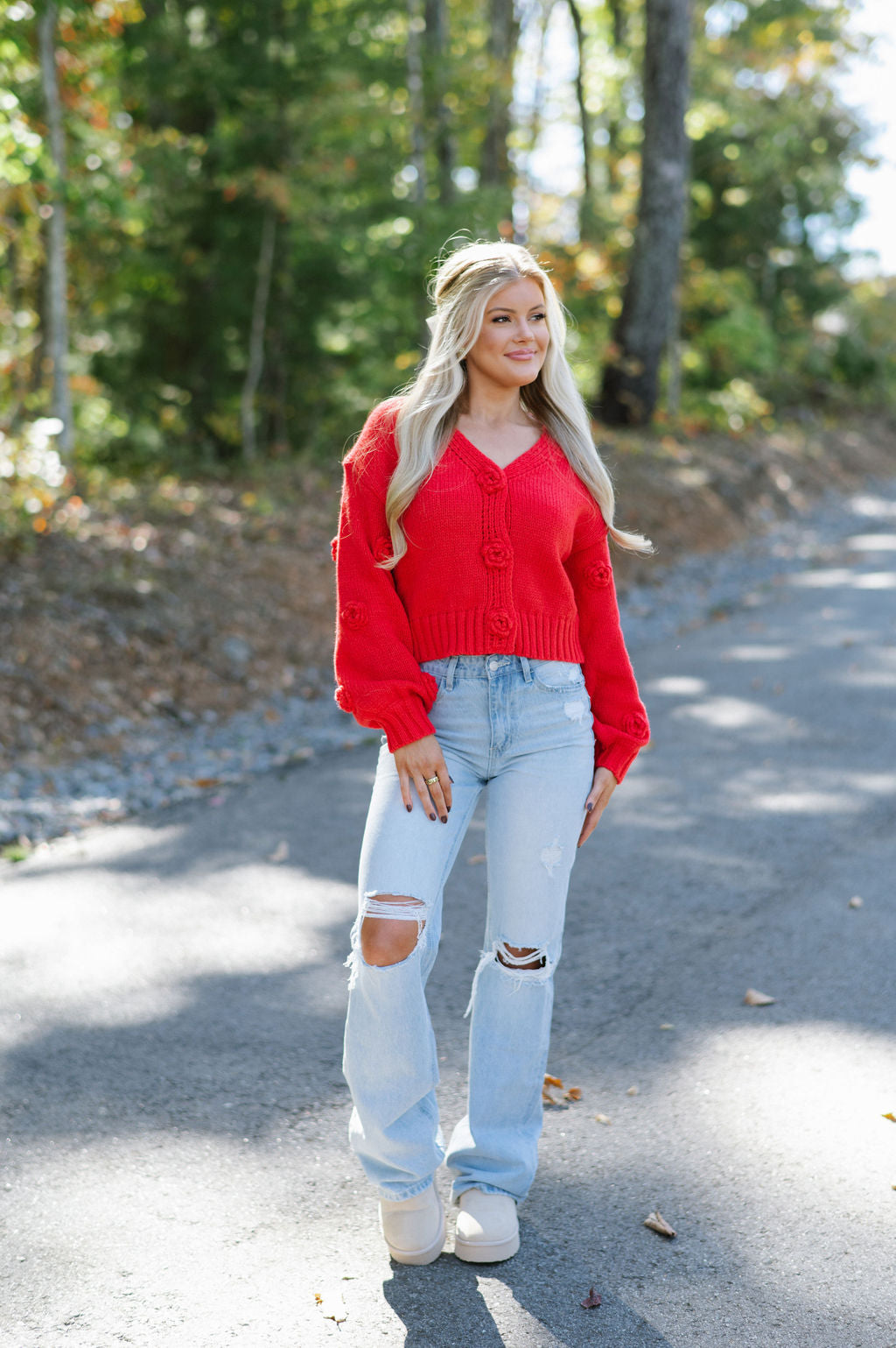 Flower Button Cardigan-Red