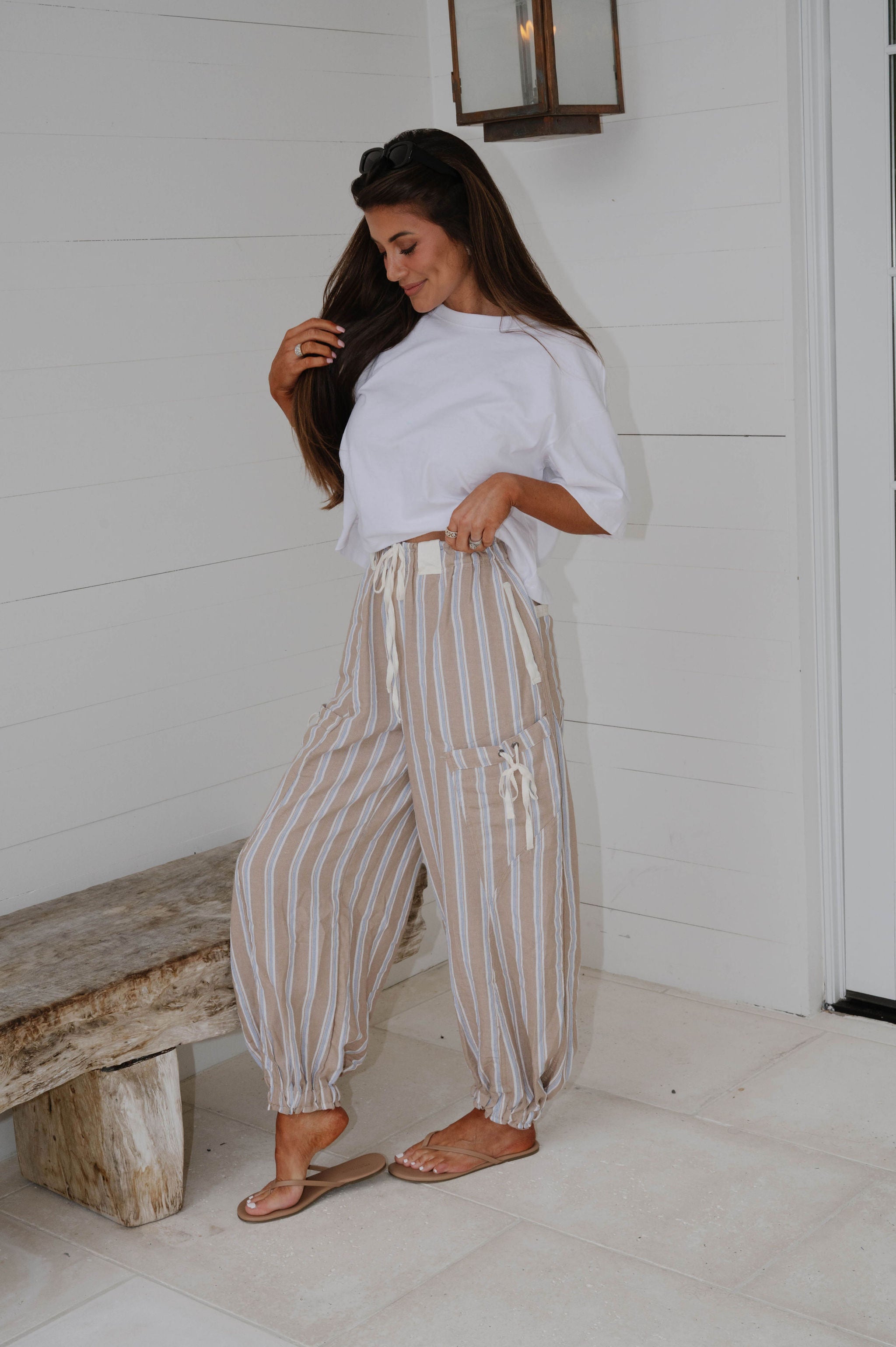 Marlow Striped Jogger Pants-Almond Latte