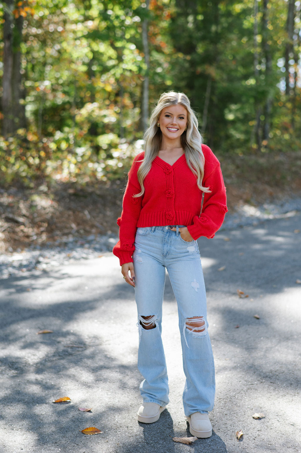 Flower Button Cardigan-Red