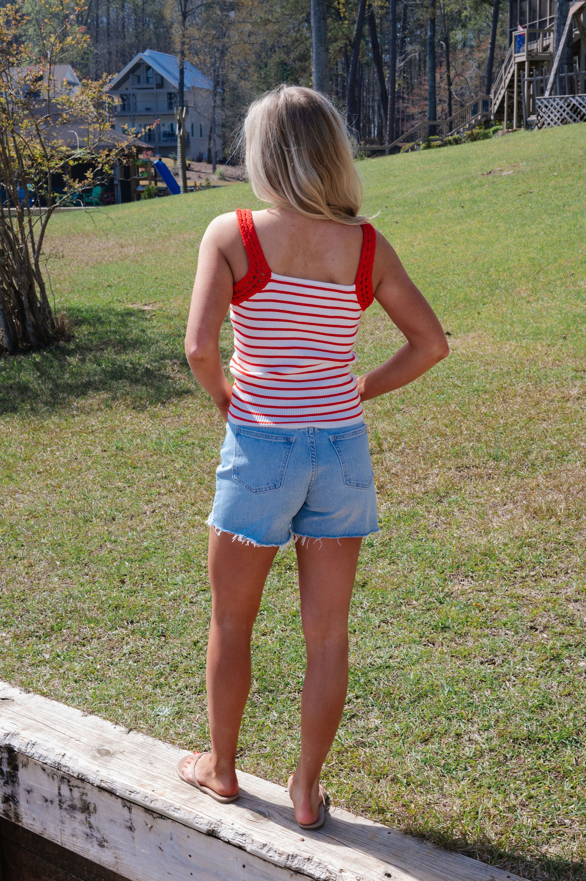 Tess Crochet Detail Knit Top-Red/Off White