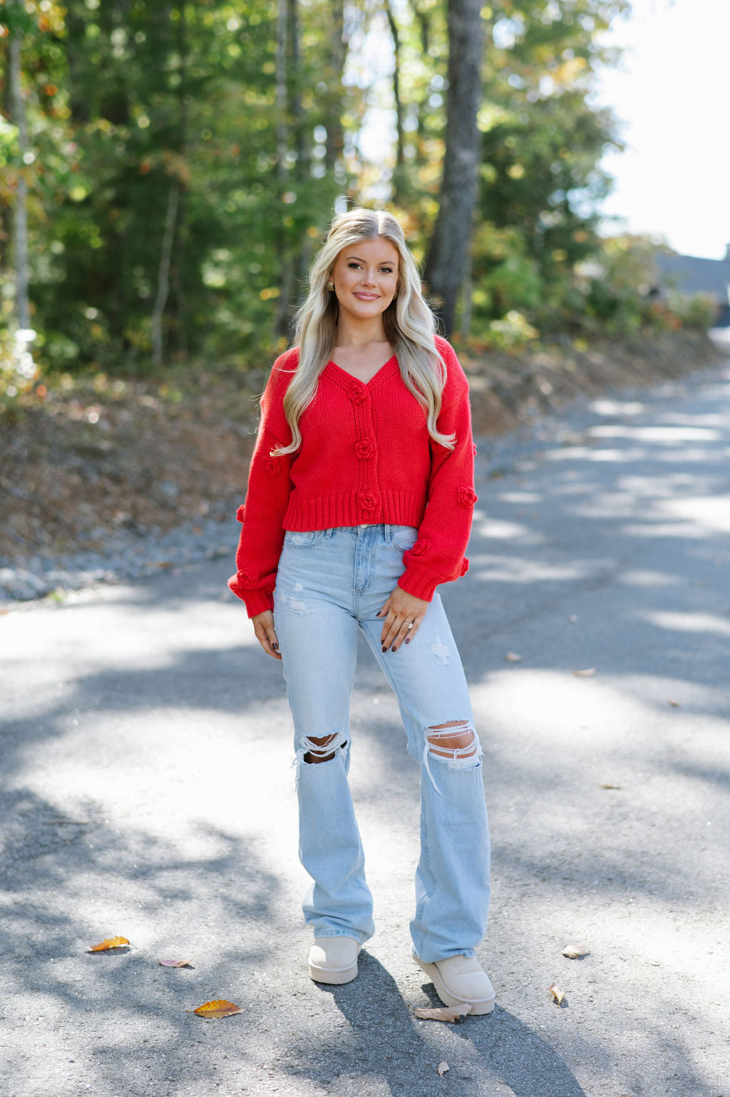 Flower Button Cardigan-Red