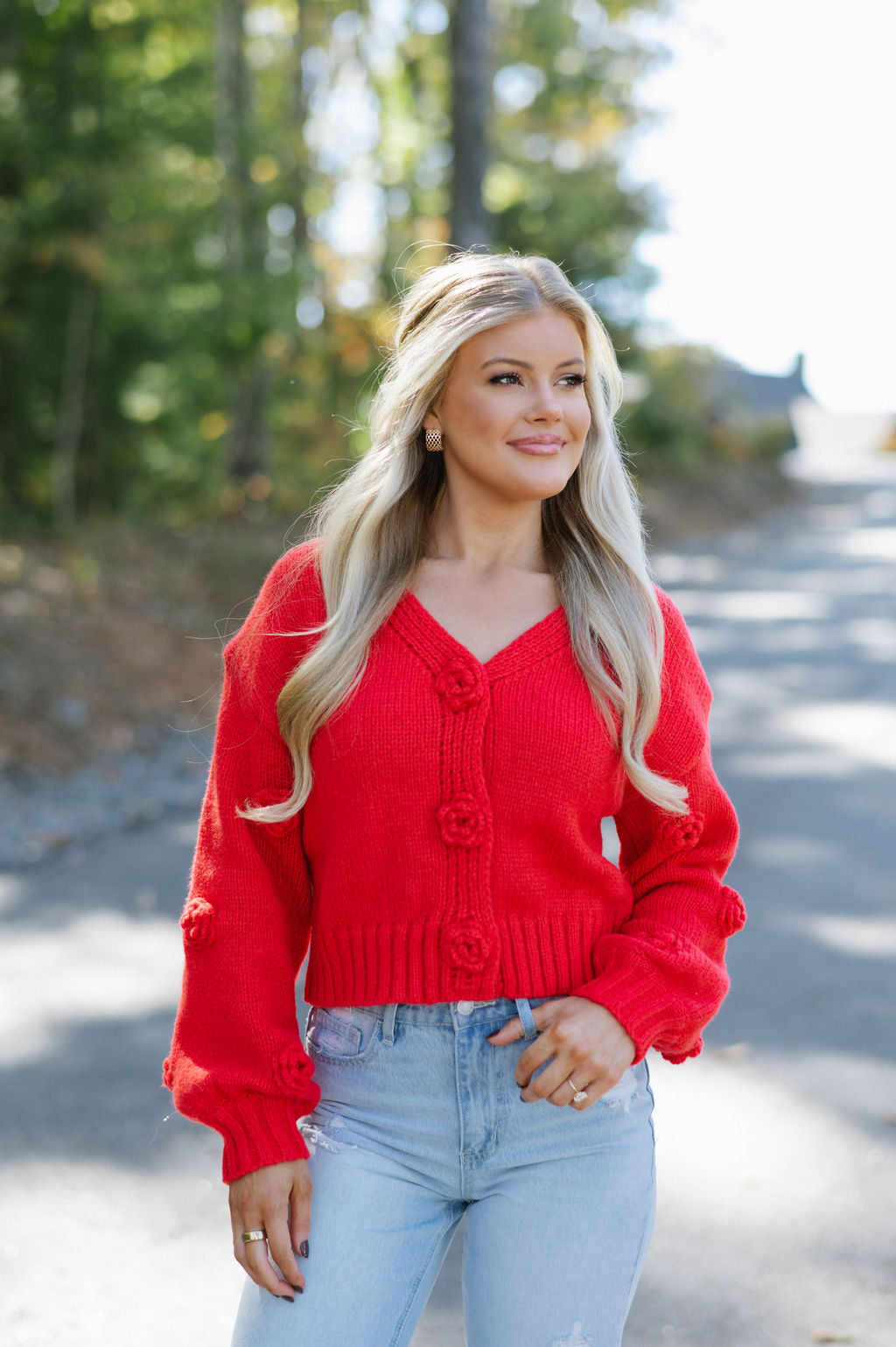 Flower Button Cardigan-Red