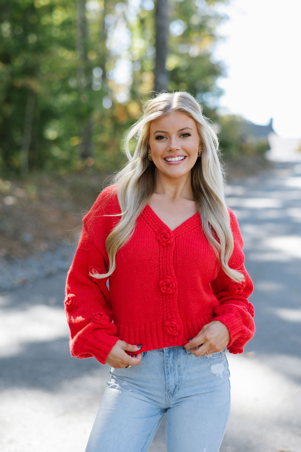 Flower Button Cardigan-Red