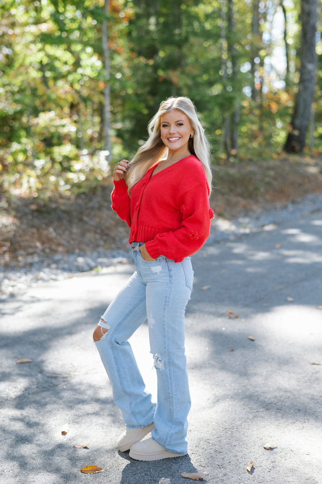 Flower Button Cardigan-Red