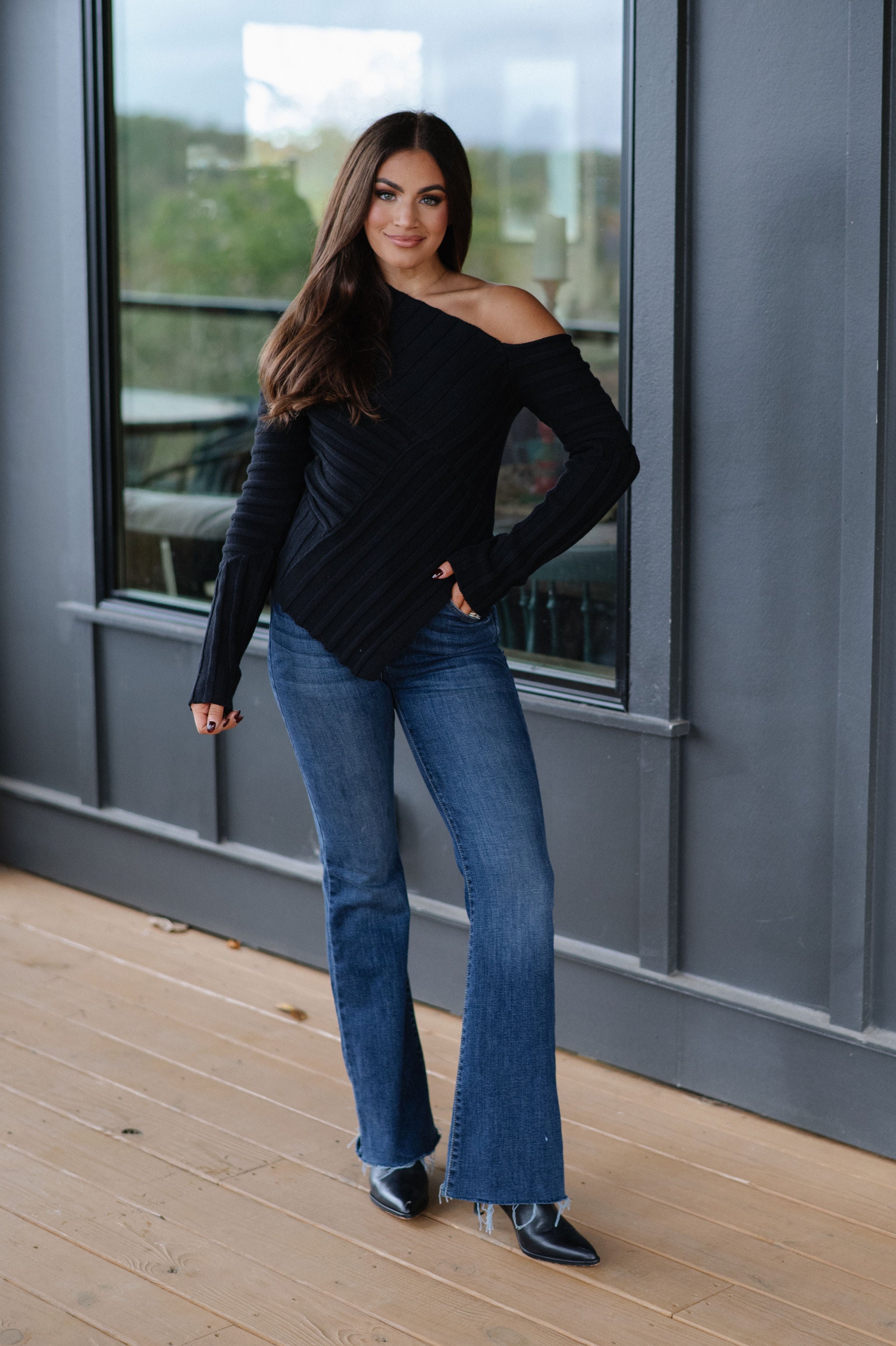 Luca One Shoulder Knit Top-Black