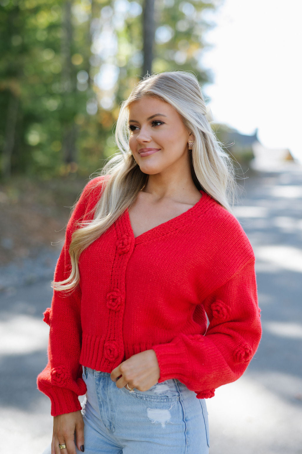 Flower Button Cardigan-Red