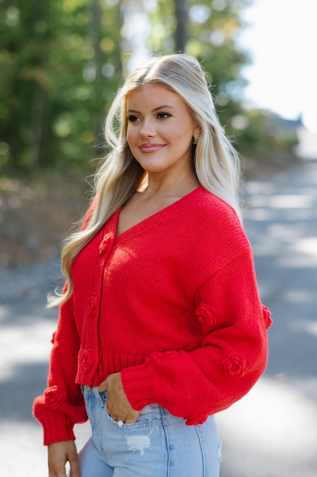 Flower Button Cardigan-Red