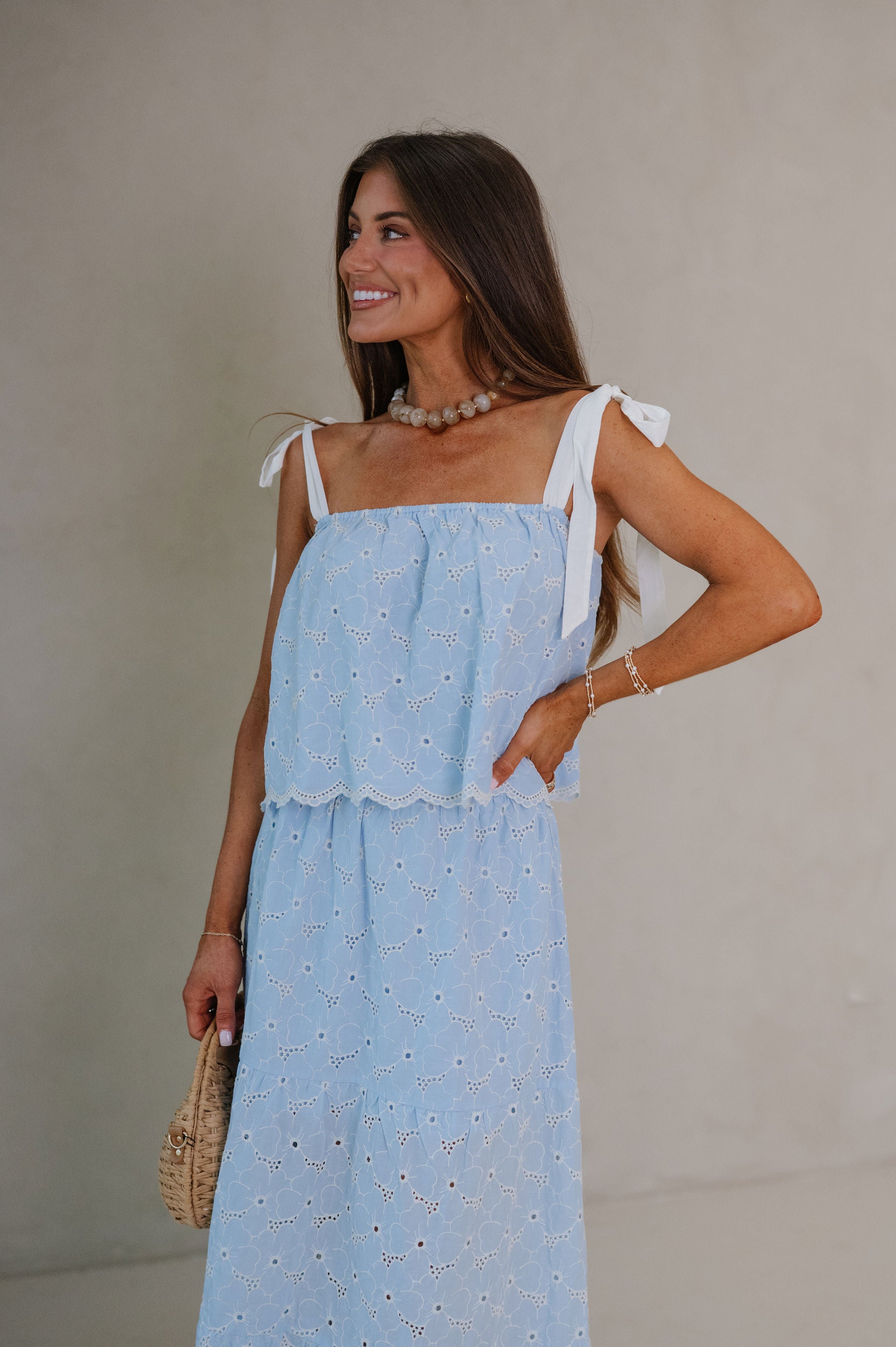 Olivia Eyelet Tiered Skirt Set-Blue