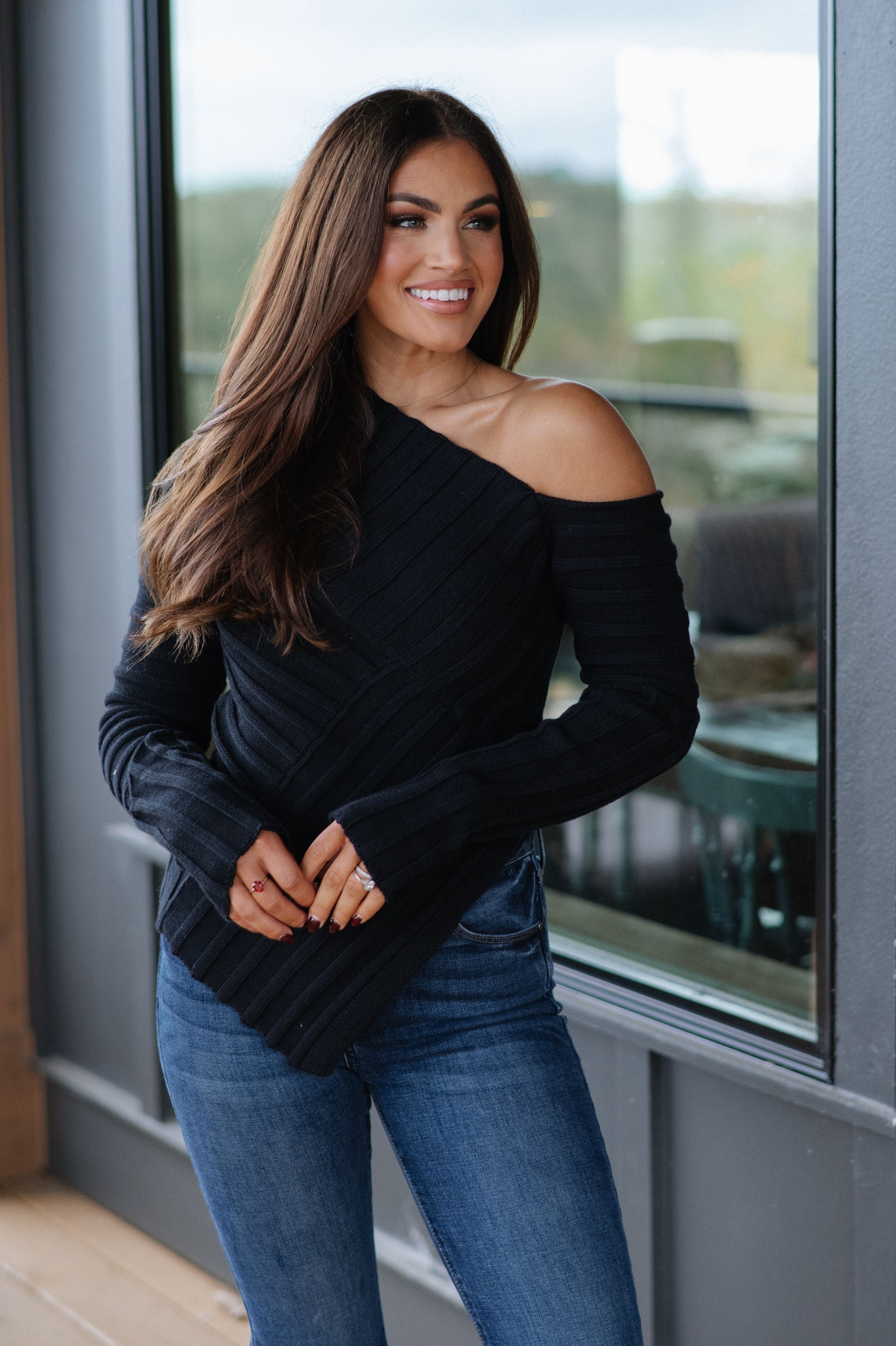 Luca One Shoulder Knit Top-Black