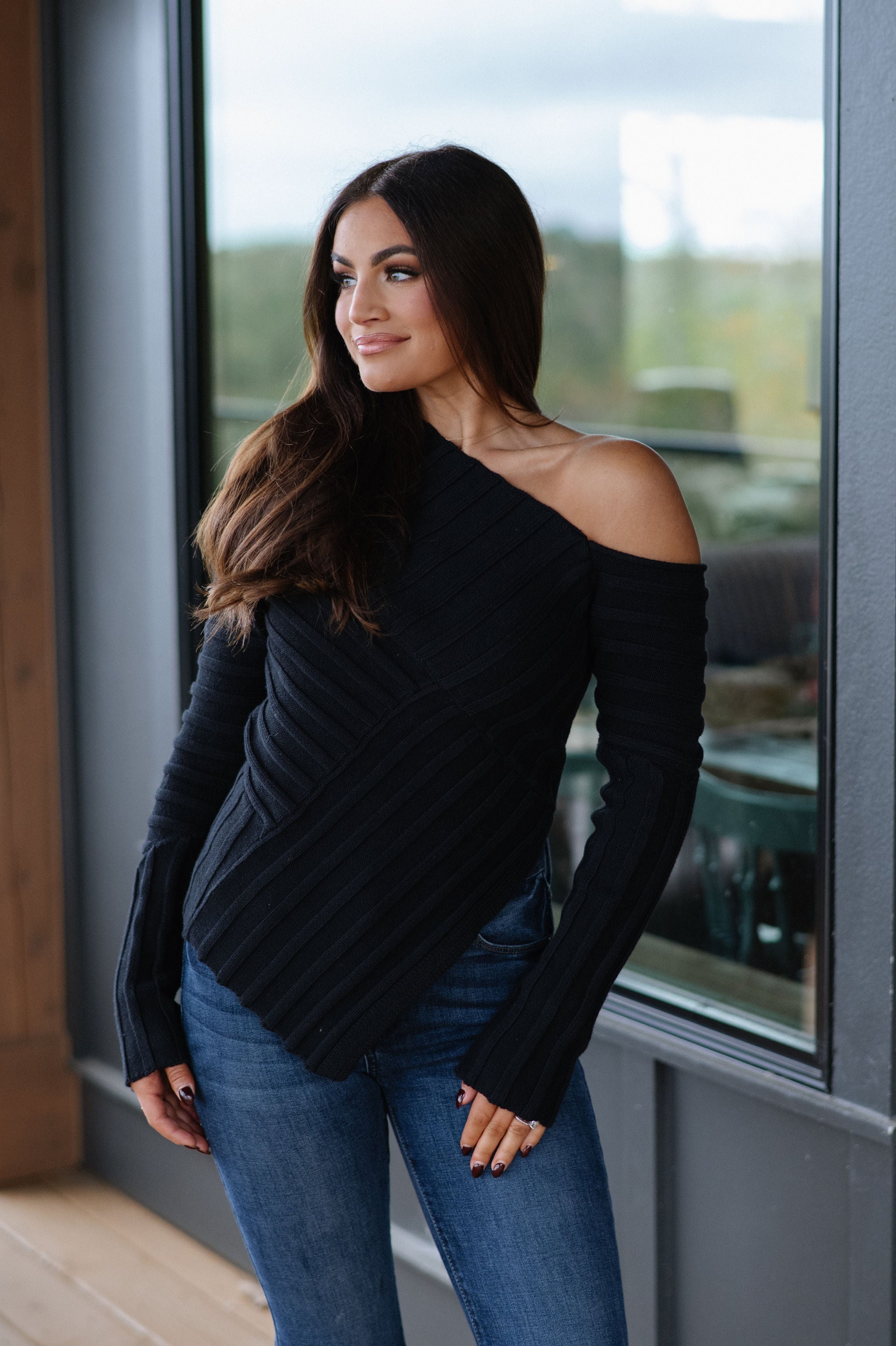 Luca One Shoulder Knit Top-Black