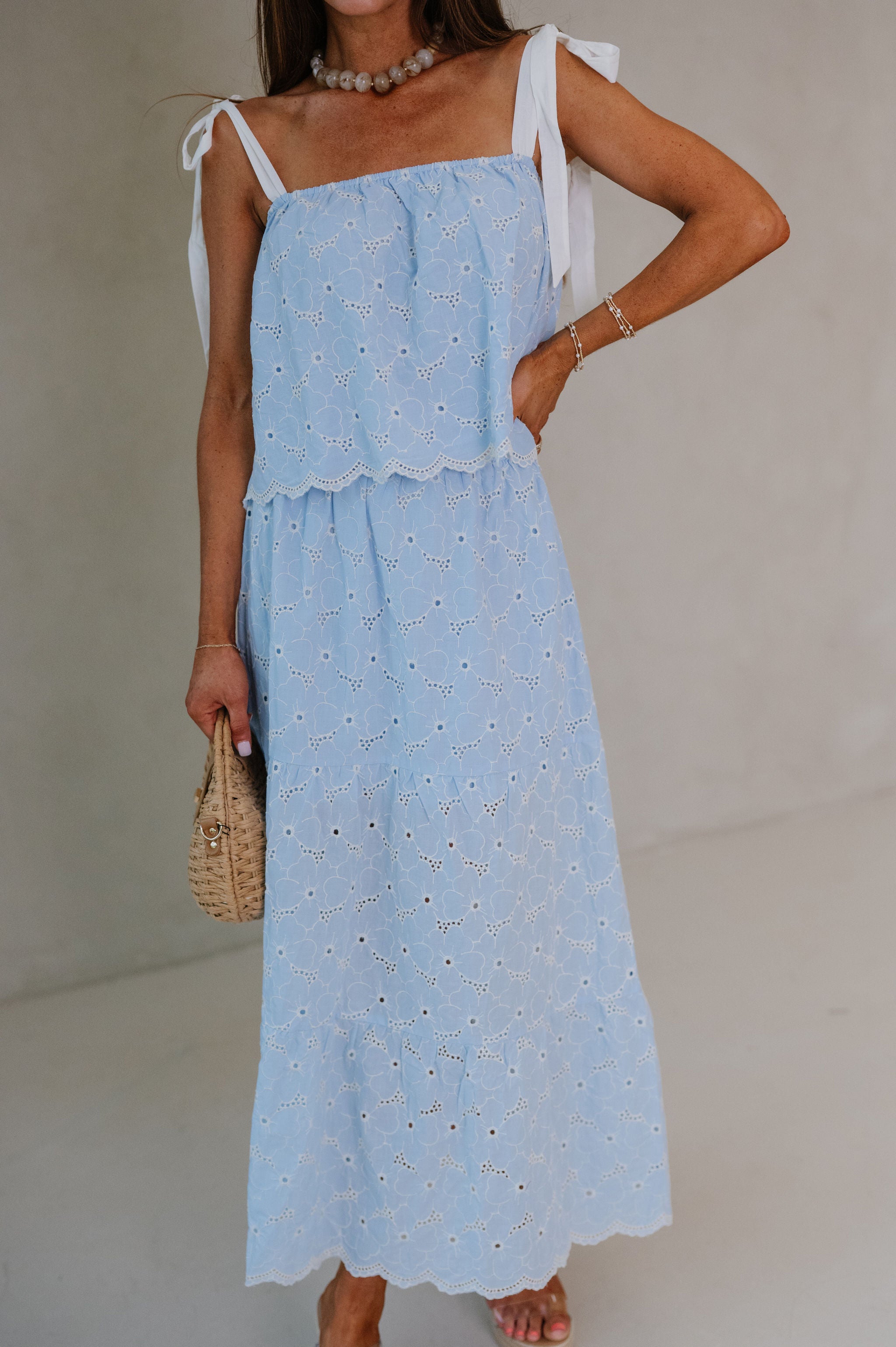 Olivia Eyelet Tiered Skirt Set-Blue