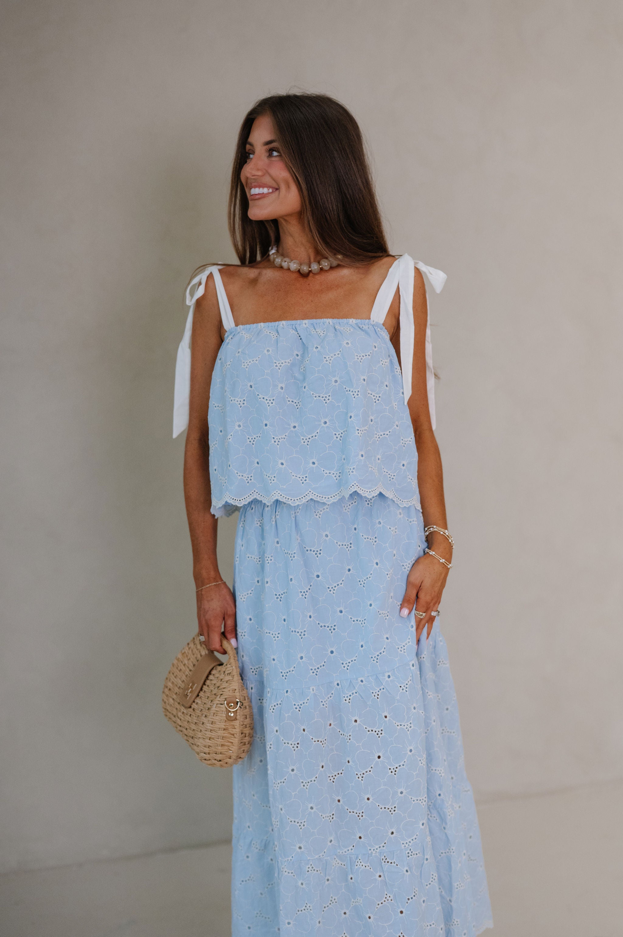 Olivia Eyelet Tiered Skirt Set-Blue