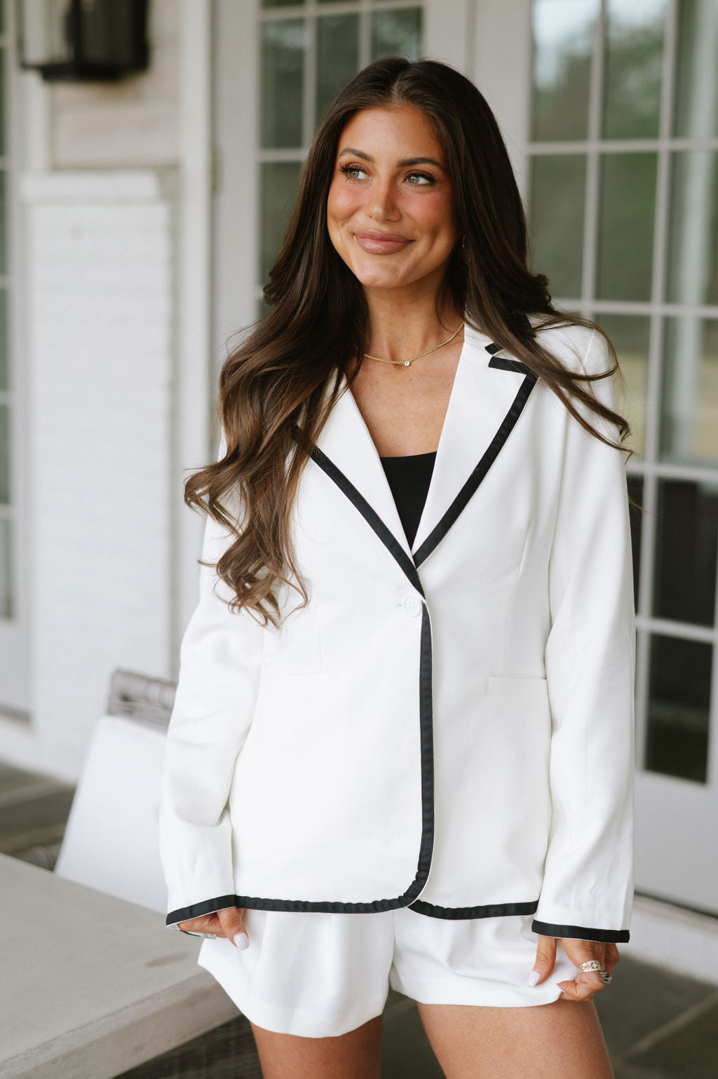 Becky Contrast Blazer Set-Off White/Black