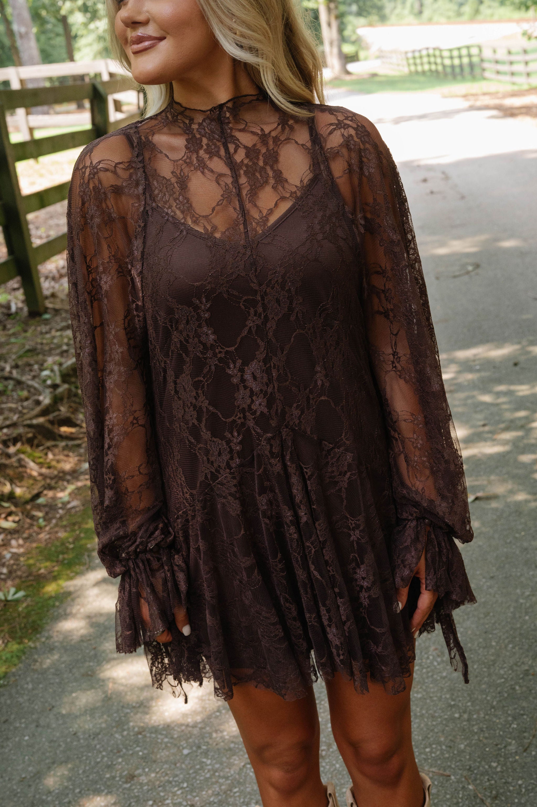 Floral Lace Layered Mini Dress-Chocolate