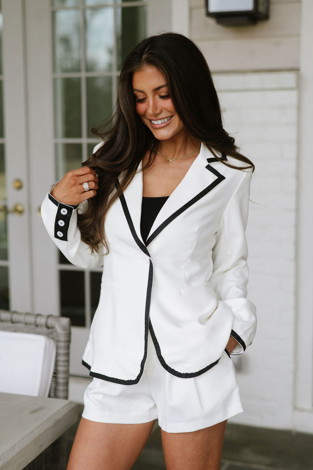 Becky Contrast Blazer Set-Off White/Black