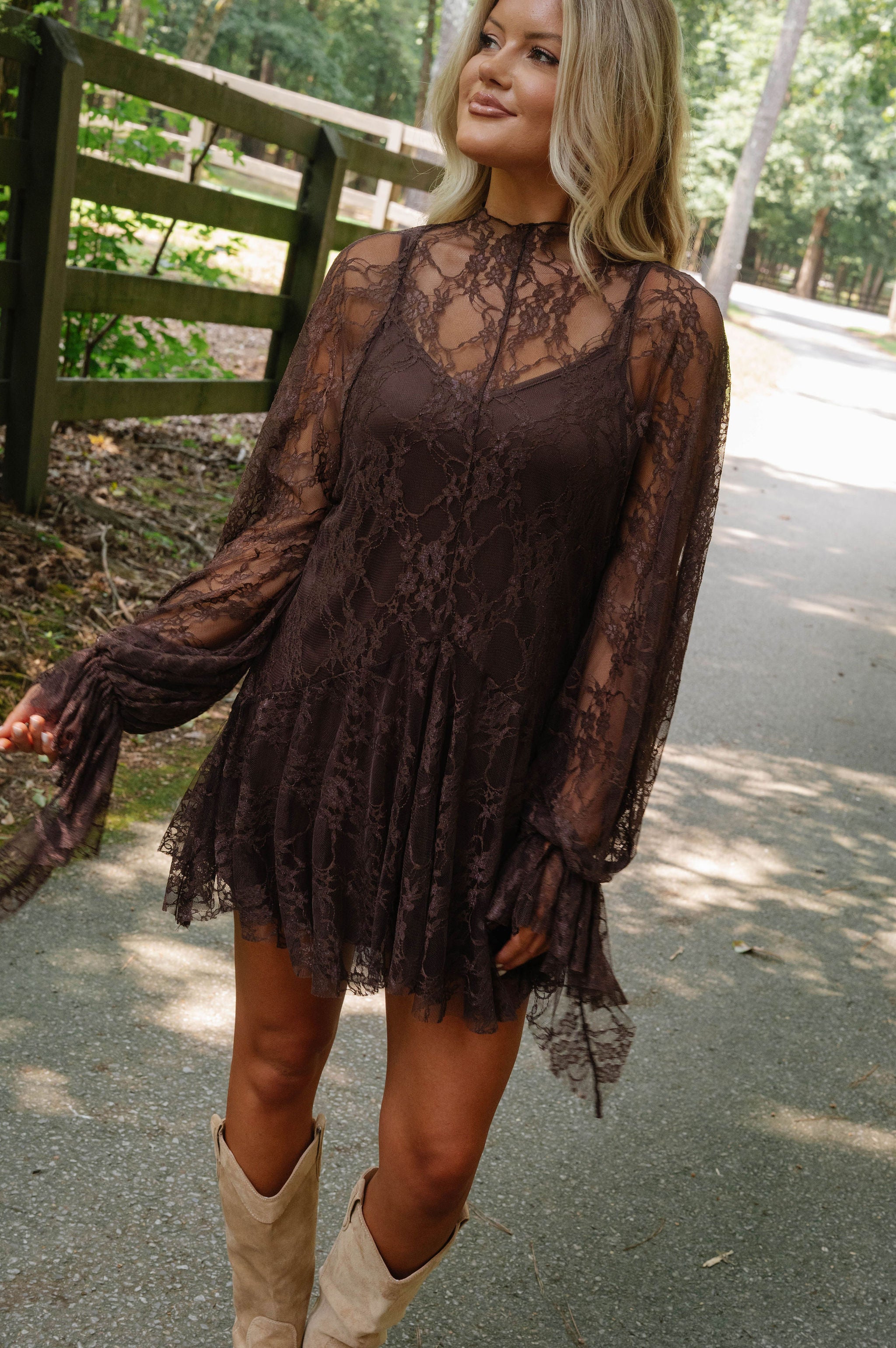 Floral Lace Layered Mini Dress-Chocolate