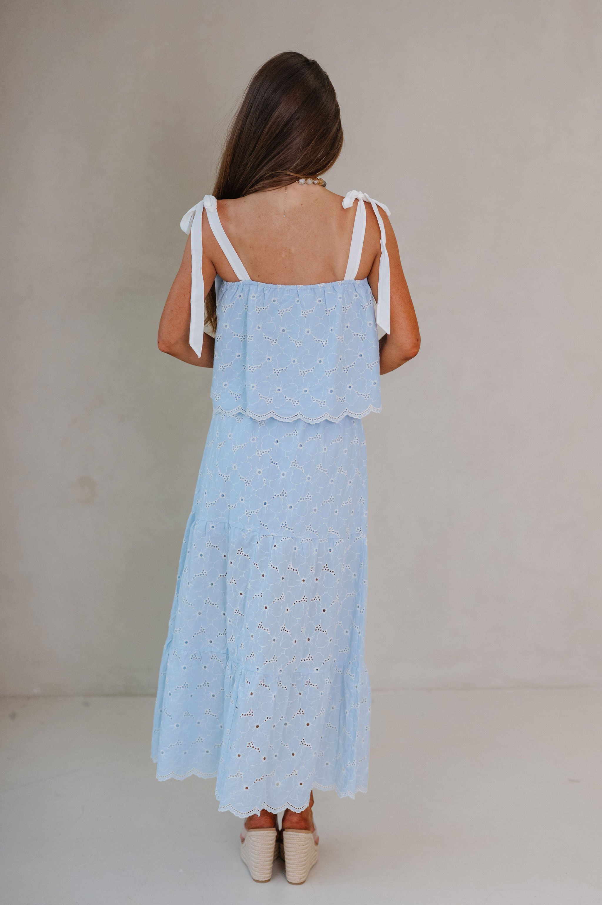 Olivia Eyelet Tiered Skirt Set-Blue