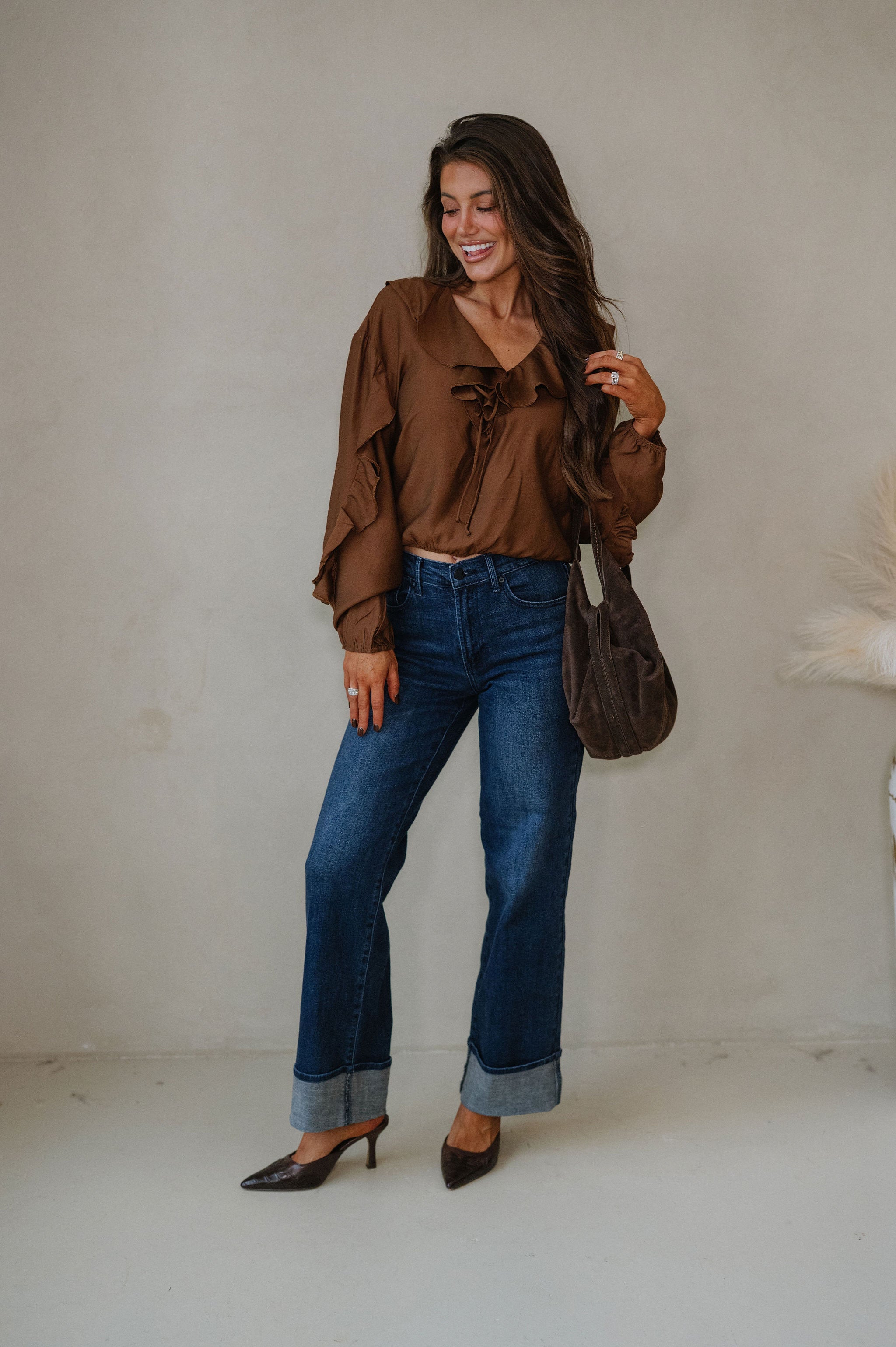 Collared Ruffle Front Tie Blouse-Chestnut