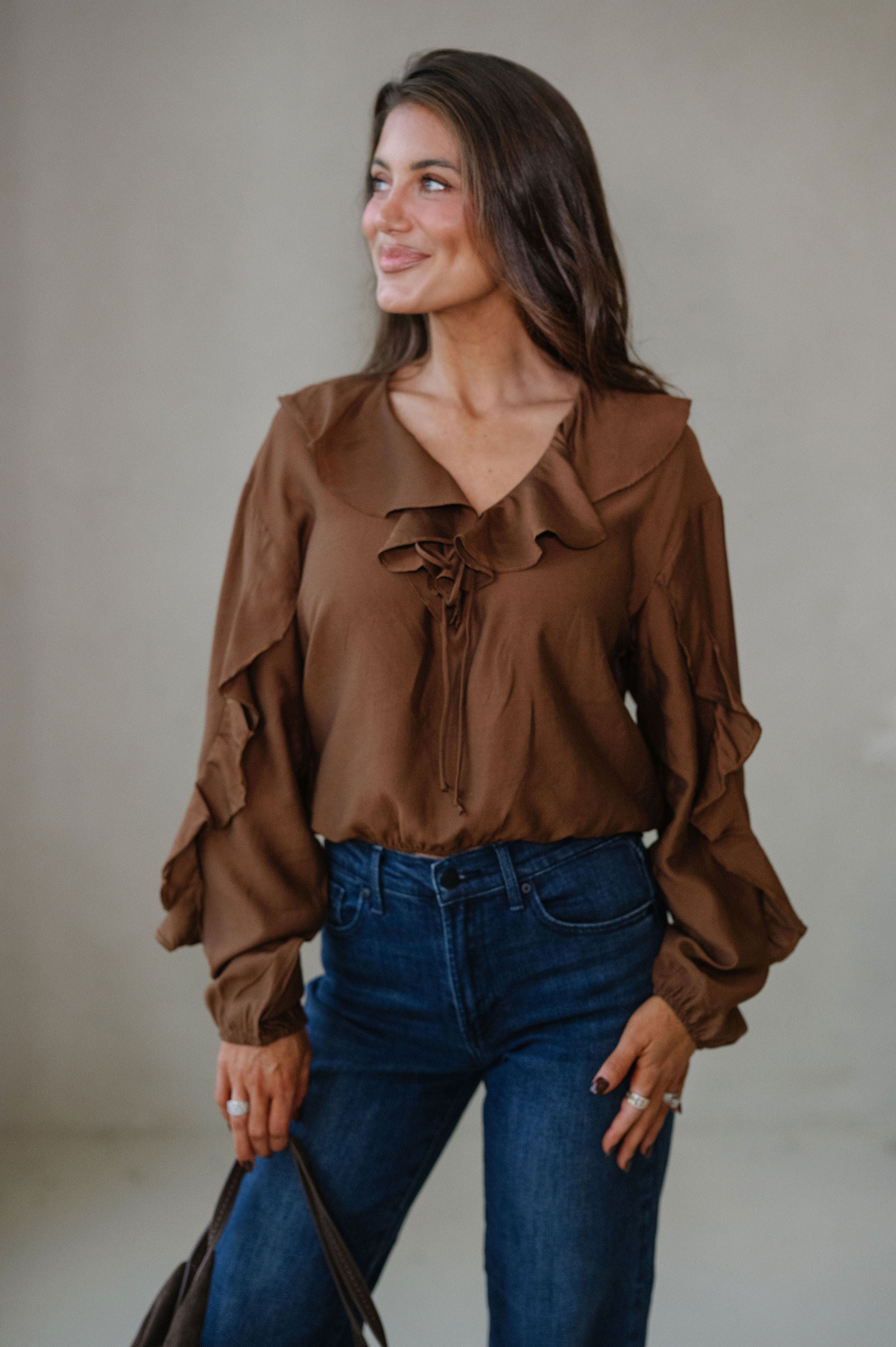 Collared Ruffle Front Tie Blouse-Chestnut