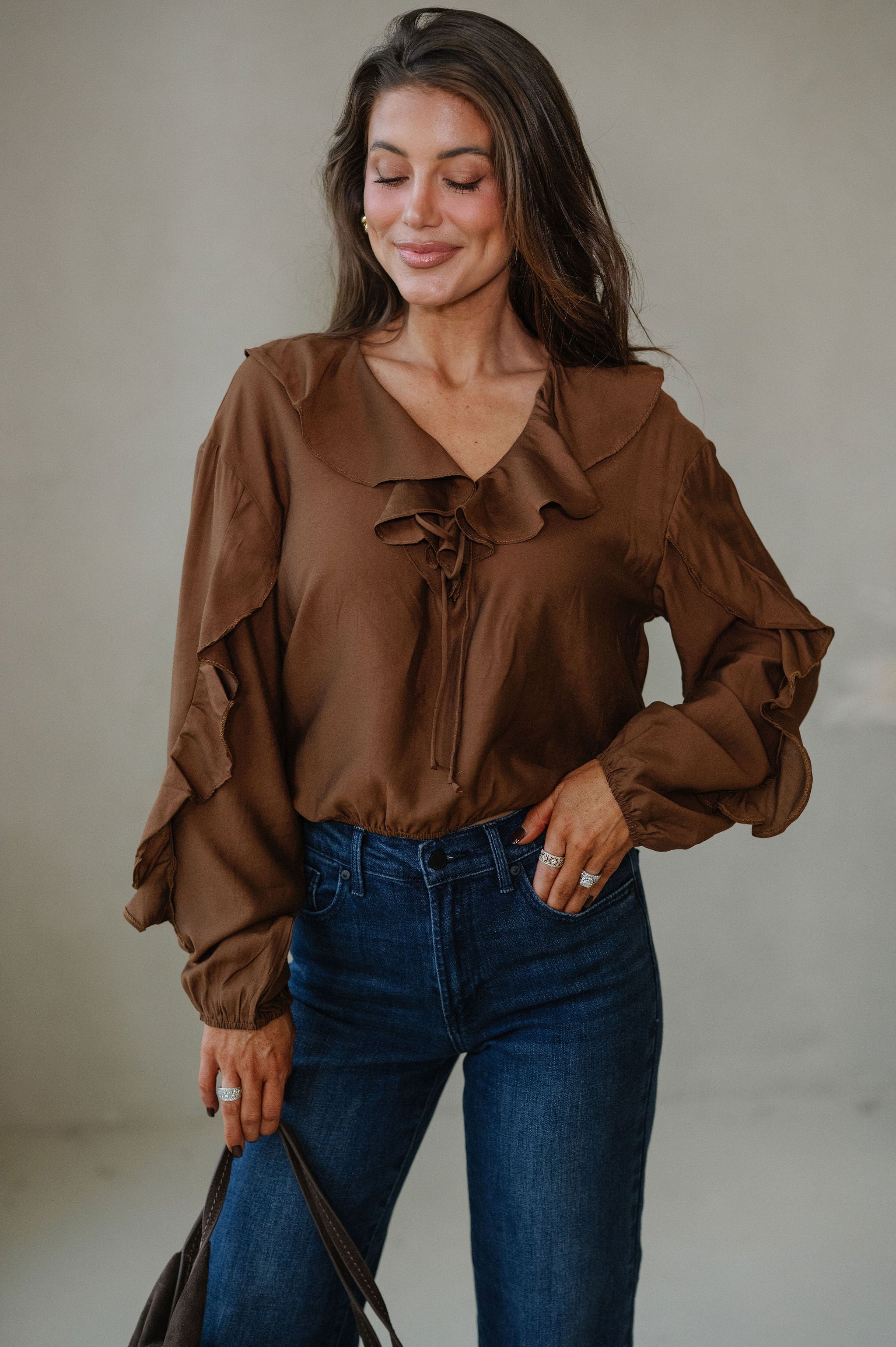 Collared Ruffle Front Tie Blouse-Chestnut