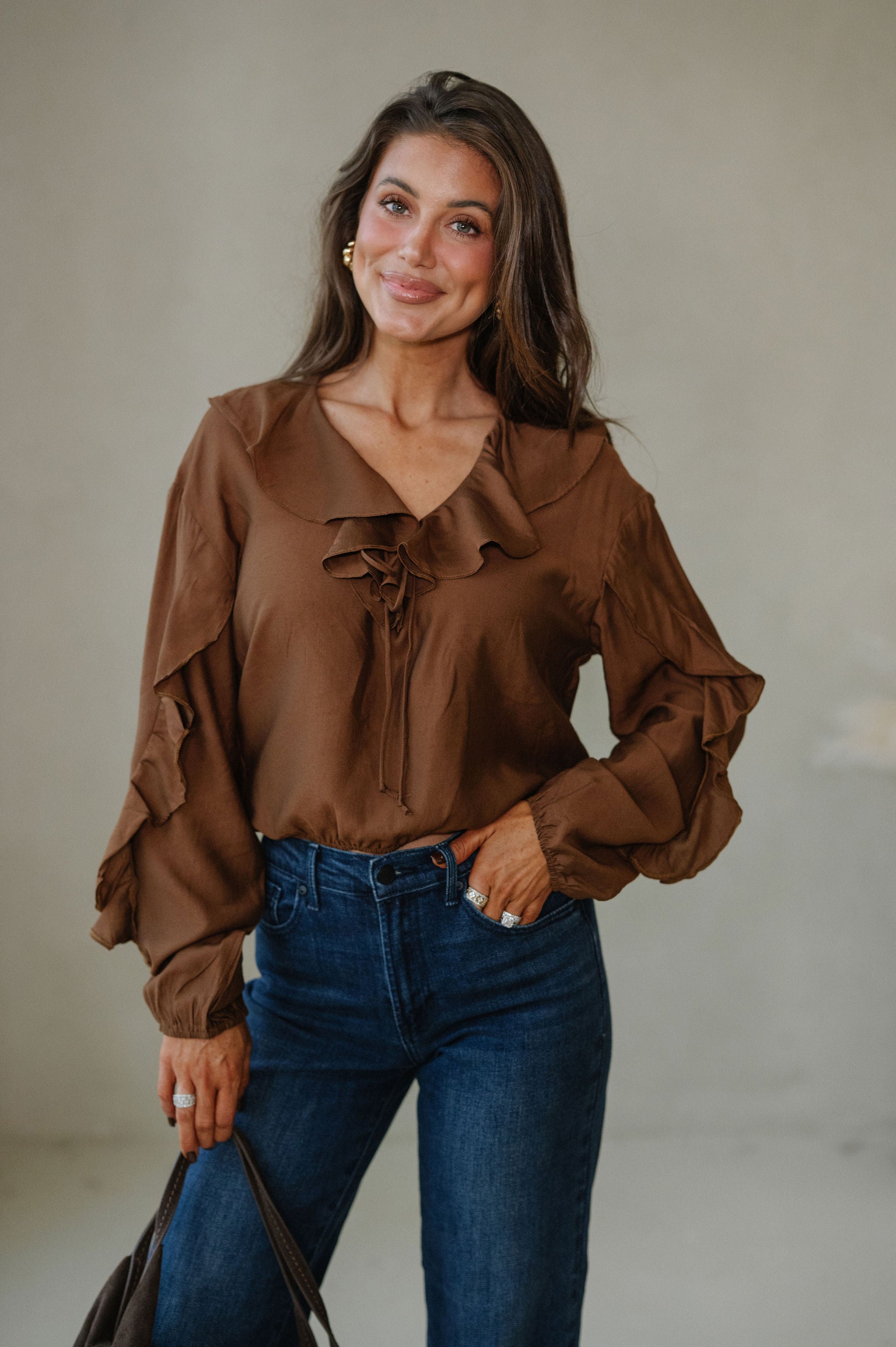 Collared Ruffle Front Tie Blouse-Chestnut