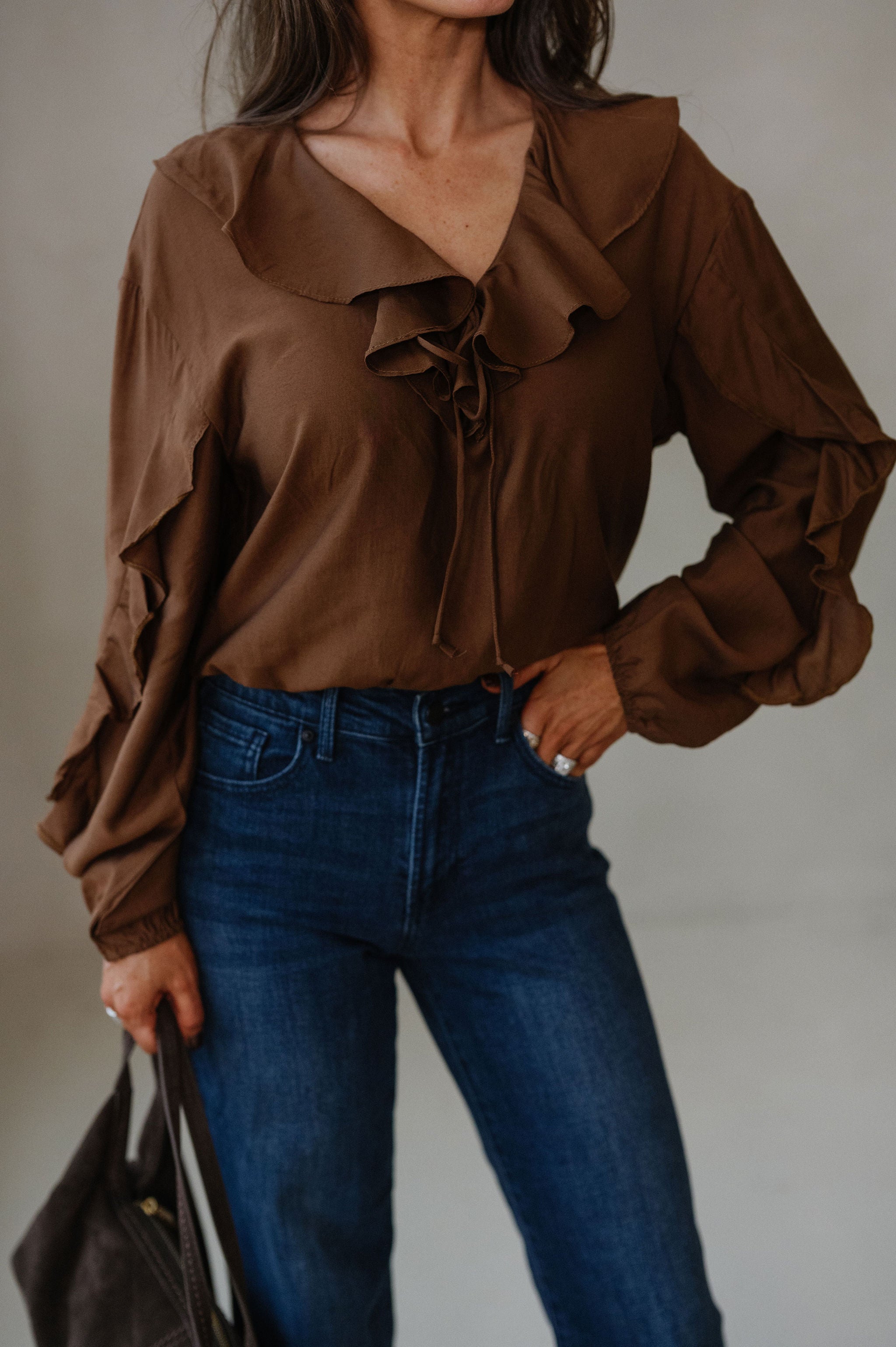 Collared Ruffle Front Tie Blouse-Chestnut