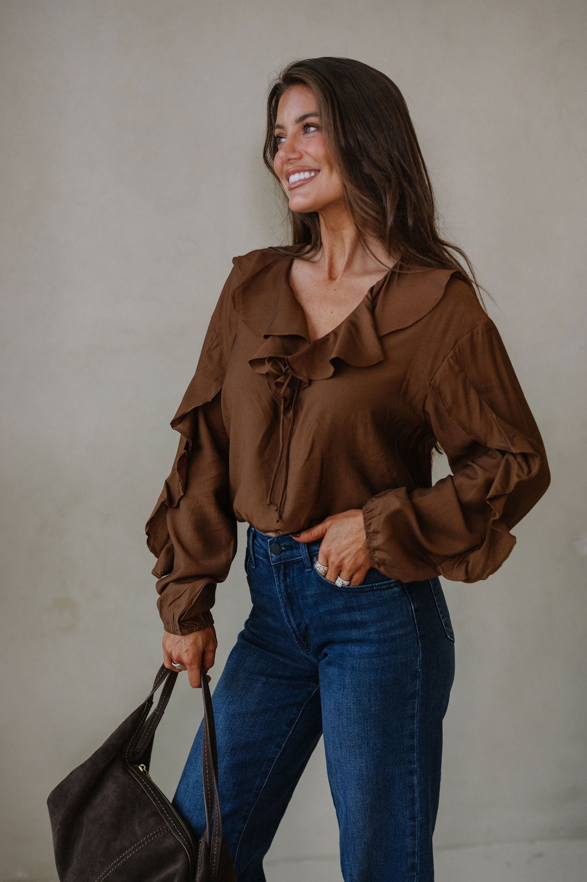Collared Ruffle Front Tie Blouse-Chestnut