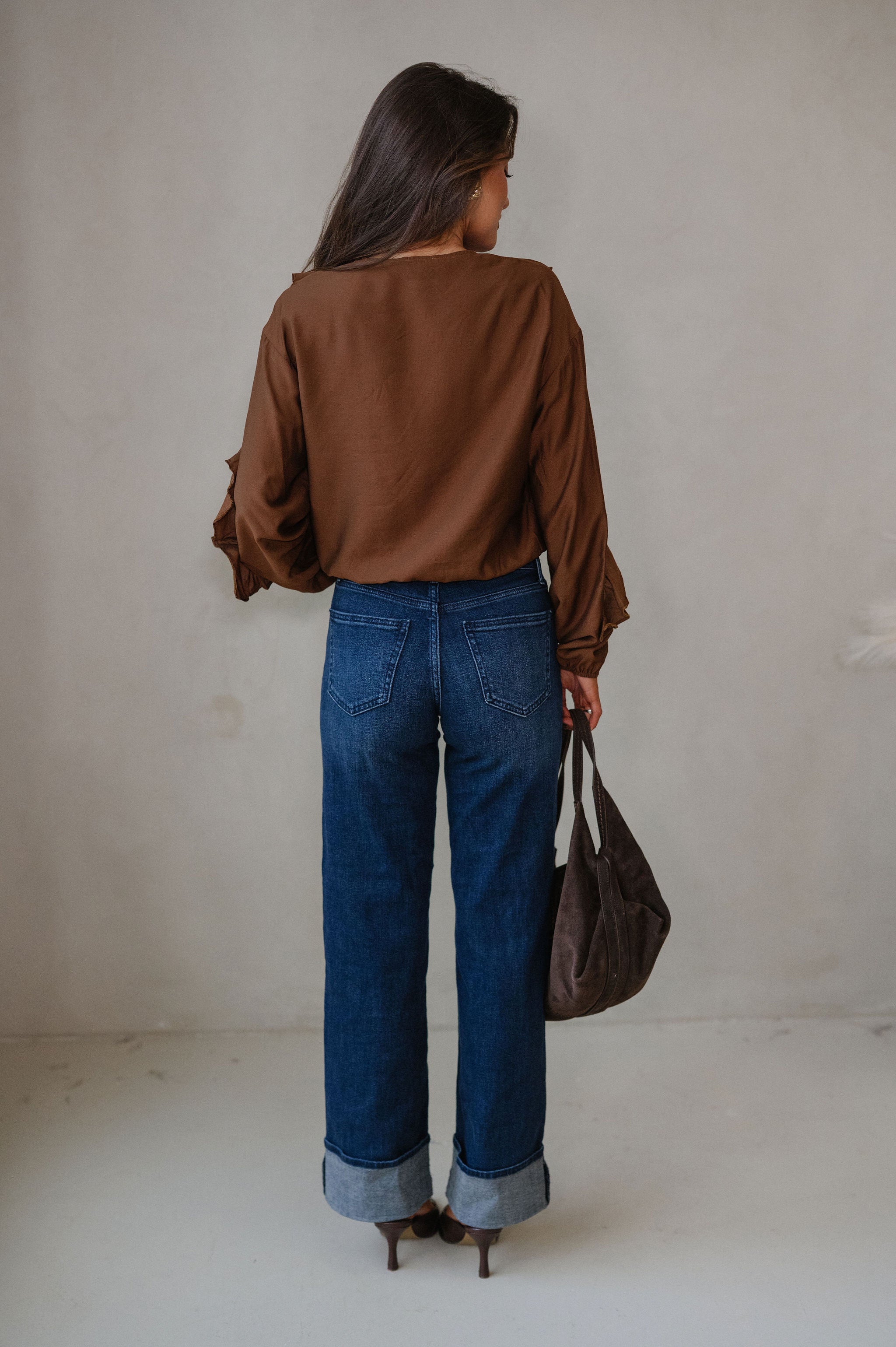 Collared Ruffle Front Tie Blouse-Chestnut