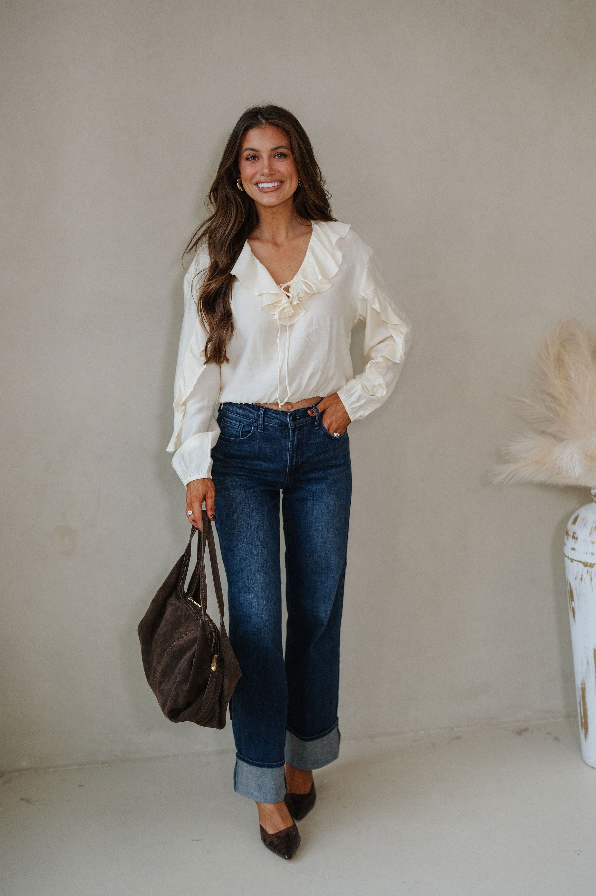 Collared Ruffle Front Tie Blouse-Oat Milk