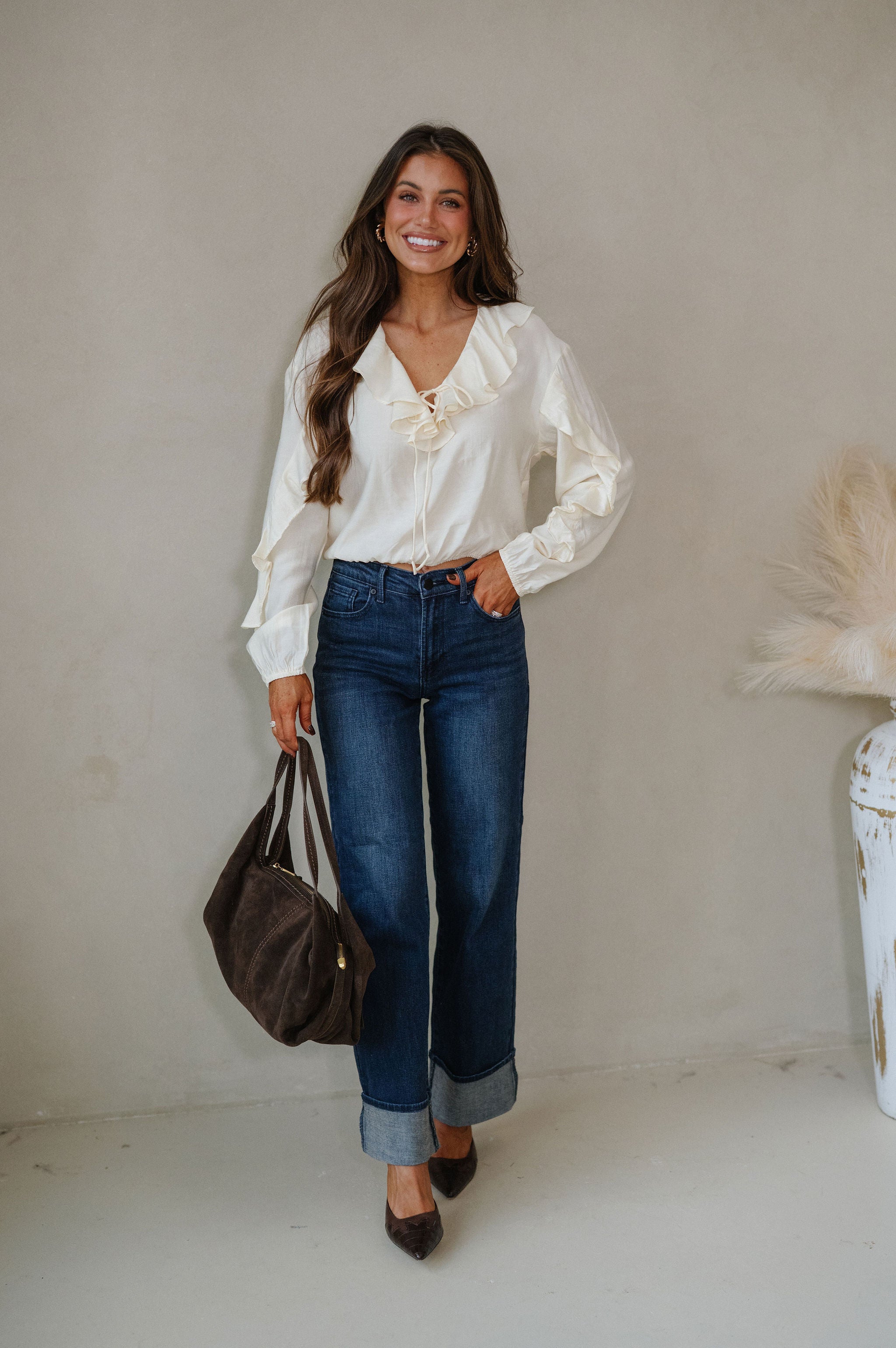 Collared Ruffle Front Tie Blouse-Oat Milk