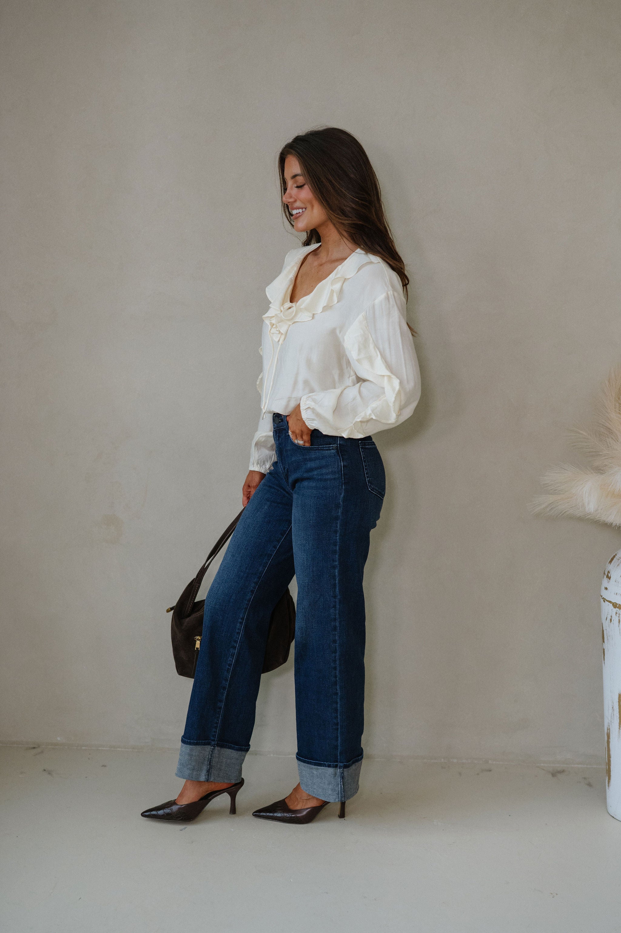 Collared Ruffle Front Tie Blouse-Oat Milk