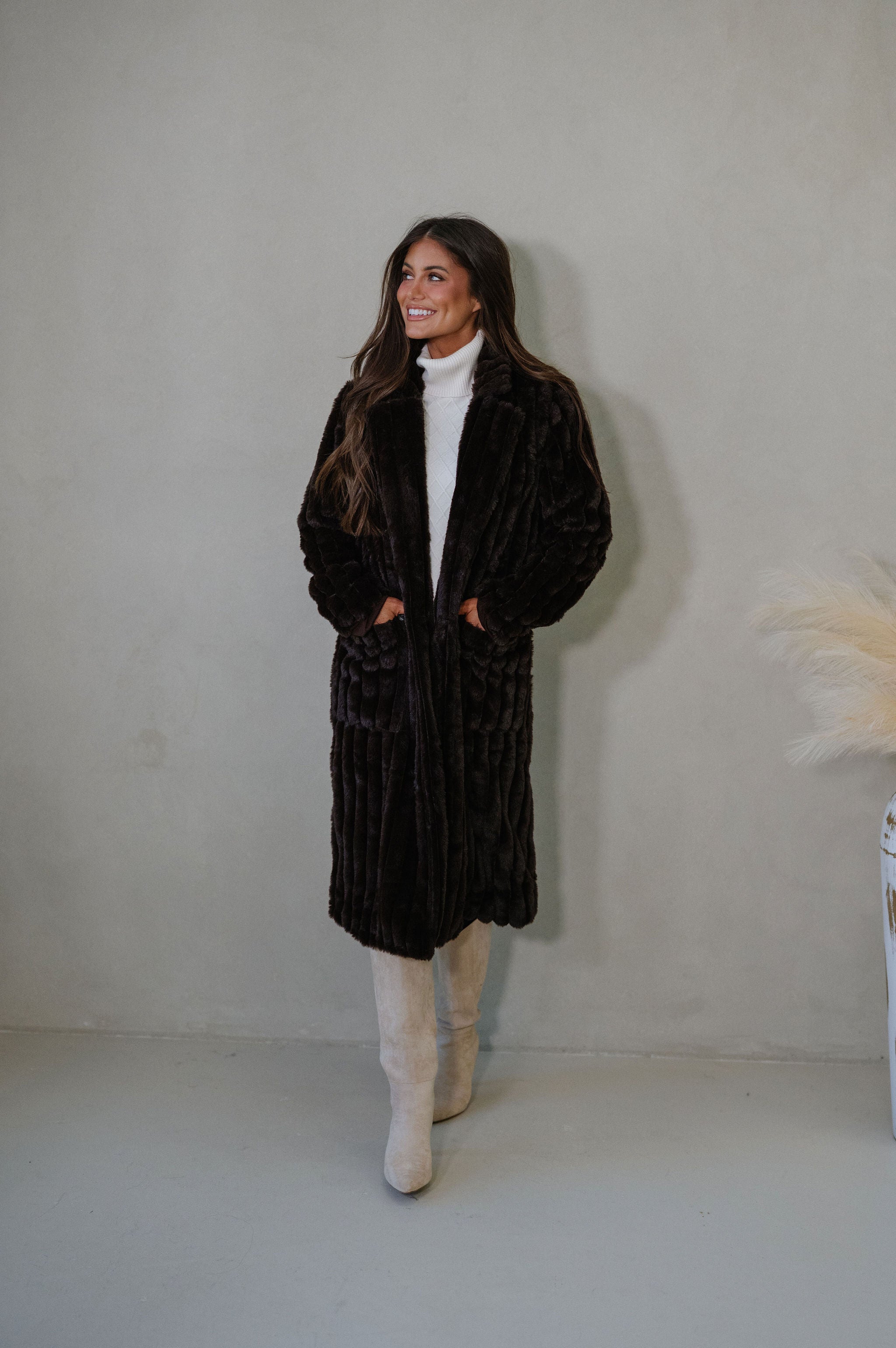 Devin Faux Fur Long Coat- Brown