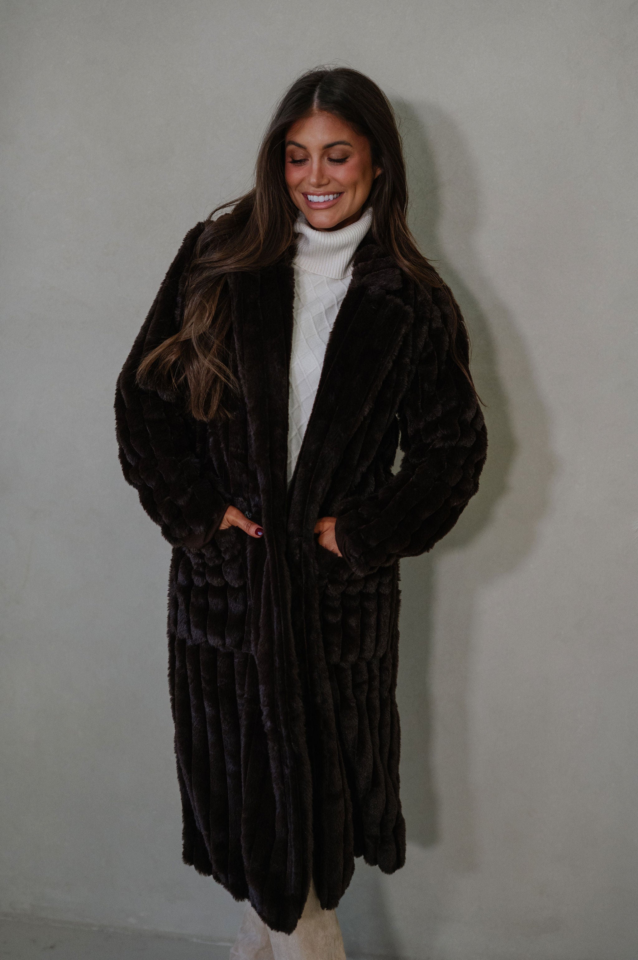 Devin Faux Fur Long Coat- Brown