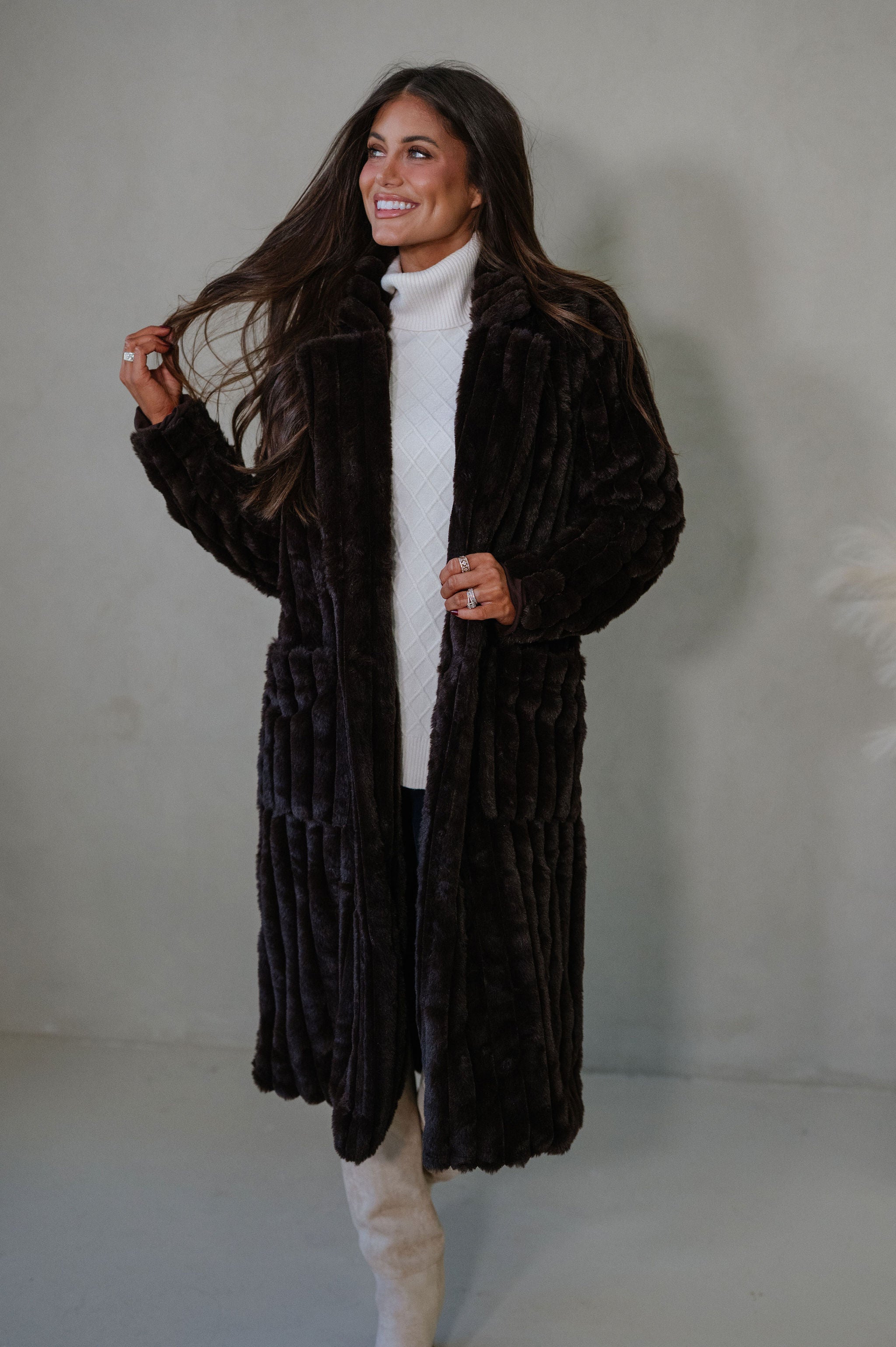 Devin Faux Fur Long Coat- Brown