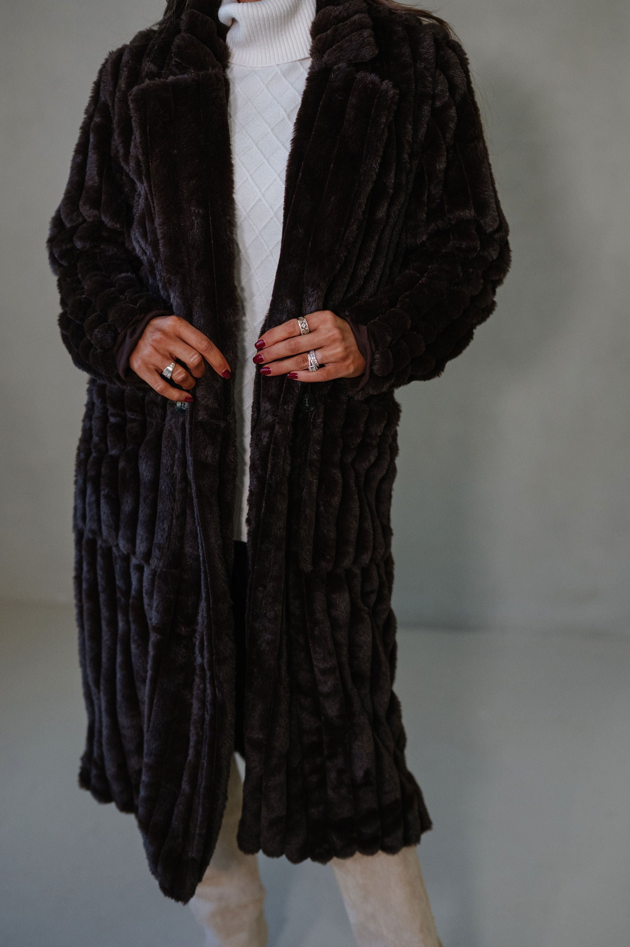 Devin Faux Fur Long Coat- Brown