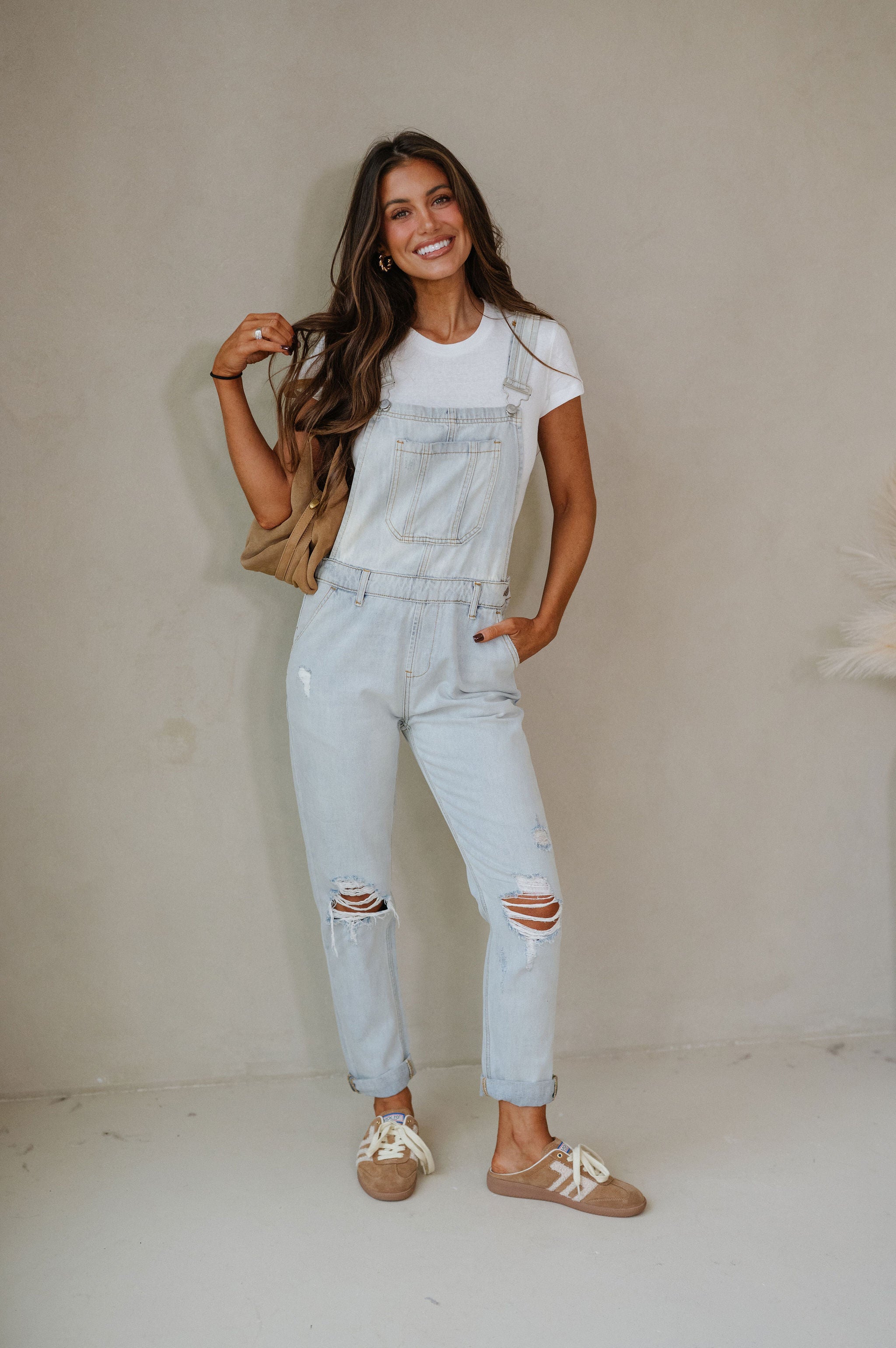 Distressed Oversized Overalls- Light Wash